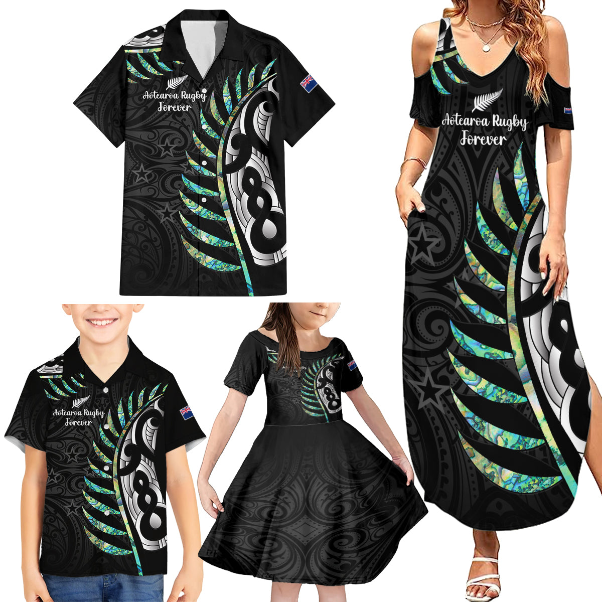 Personalised New Zealand Silver Fern Rugby Family Matching Summer Maxi Dress and Hawaiian Shirt Paua Shell With Champions Trophy History NZ Forever - Wonder Print Shop