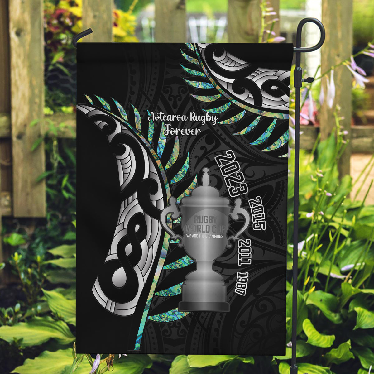 Personalised New Zealand Silver Fern Rugby Garden Flag Paua Shell With Champions Trophy History NZ Forever - Wonder Print Shop