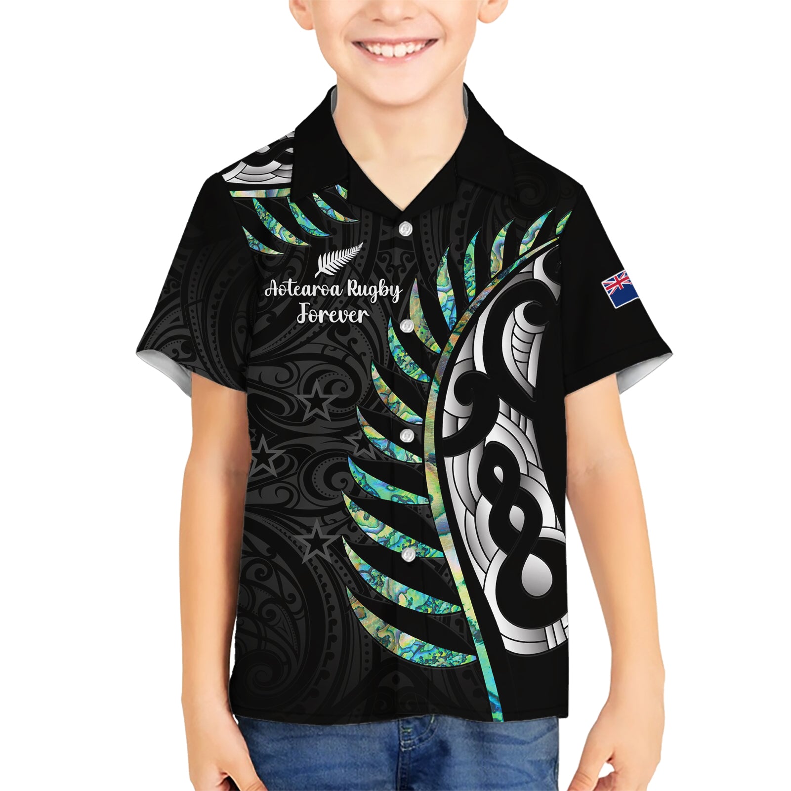 Personalised New Zealand Silver Fern Rugby Kid Hawaiian Shirt Paua Shell With Champions Trophy History NZ Forever - Wonder Print Shop