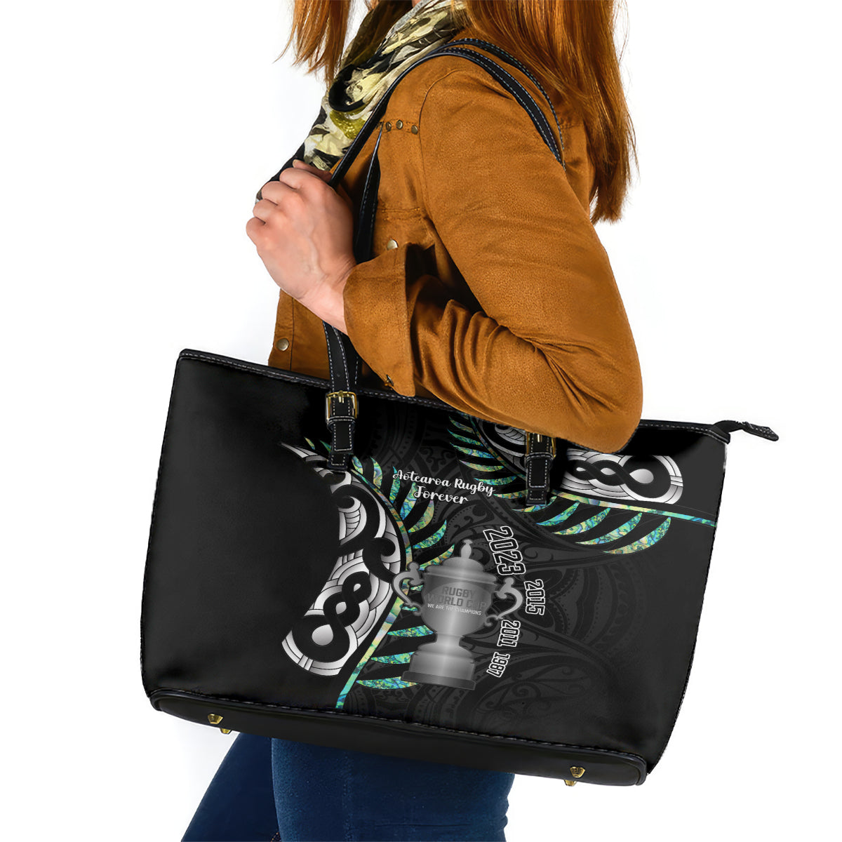 Personalised New Zealand Silver Fern Rugby Leather Tote Bag Paua Shell With Champions Trophy History NZ Forever - Wonder Print Shop