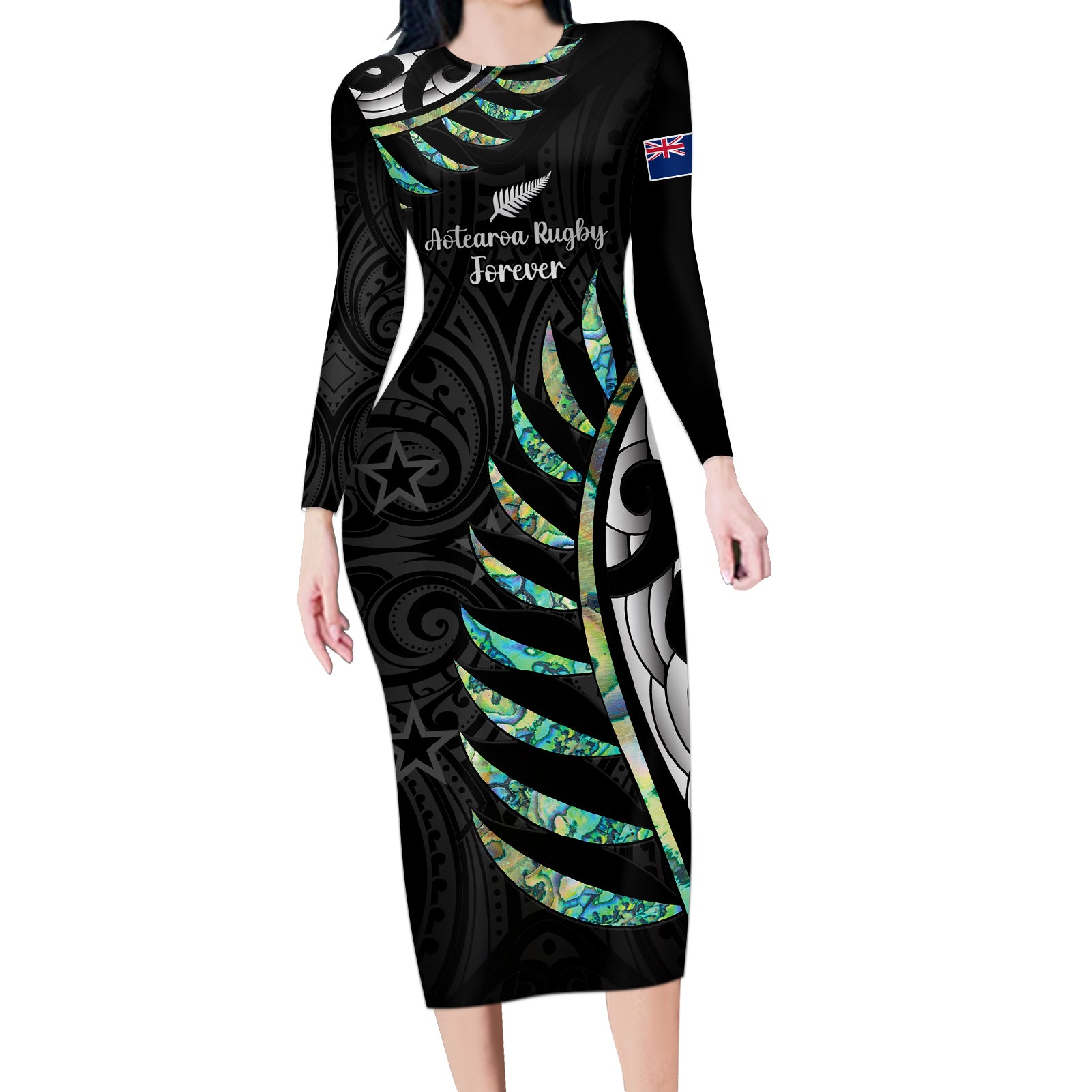 Personalised New Zealand Silver Fern Rugby Long Sleeve Bodycon Dress Paua Shell With Champions Trophy History NZ Forever - Wonder Print Shop