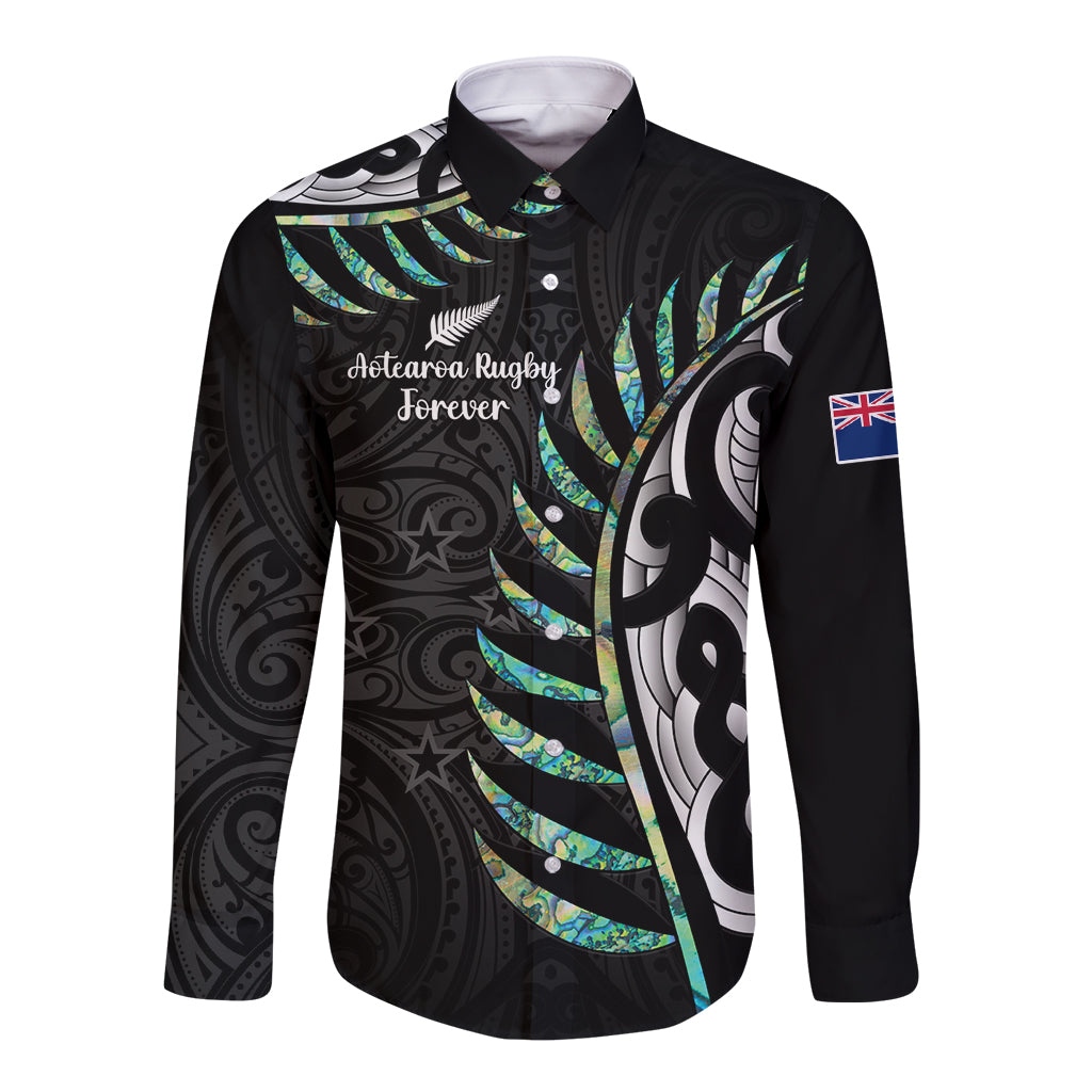 Personalised New Zealand Silver Fern Rugby Long Sleeve Button Shirt Paua Shell With Champions Trophy History NZ Forever - Wonder Print Shop