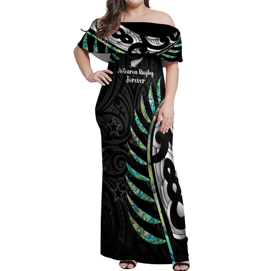 Personalised New Zealand Silver Fern Rugby Off Shoulder Maxi Dress Paua Shell With Champions Trophy History NZ Forever - Wonder Print Shop