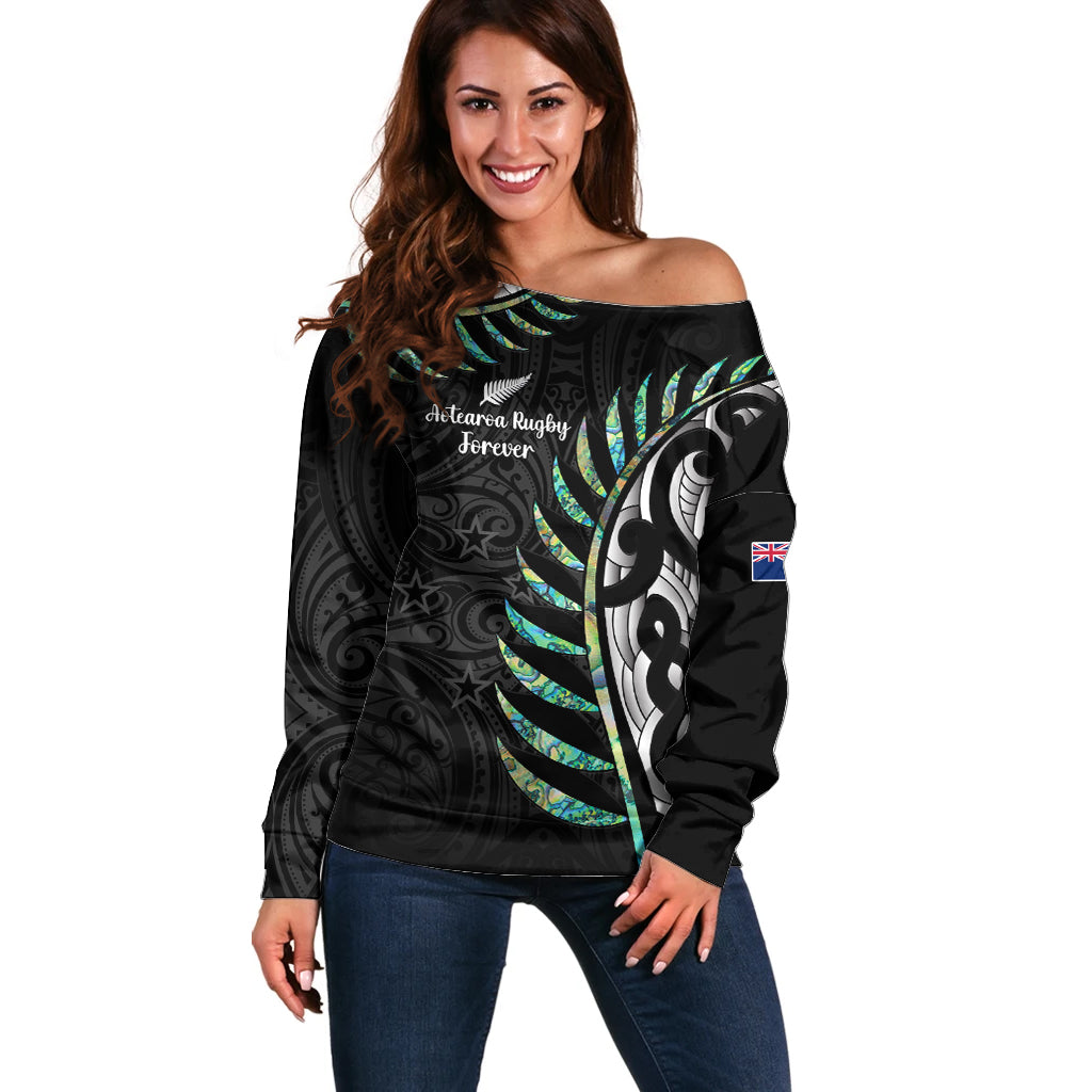 Personalised New Zealand Silver Fern Rugby Off Shoulder Sweater Paua Shell With Champions Trophy History NZ Forever - Wonder Print Shop