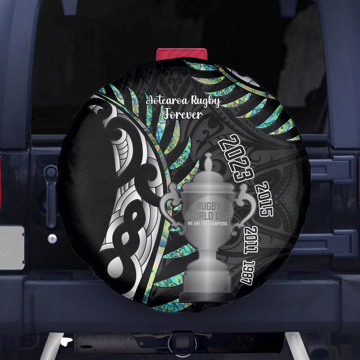 Personalised New Zealand Silver Fern Rugby Spare Tire Cover Paua Shell With Champions Trophy History NZ Forever - Wonder Print Shop