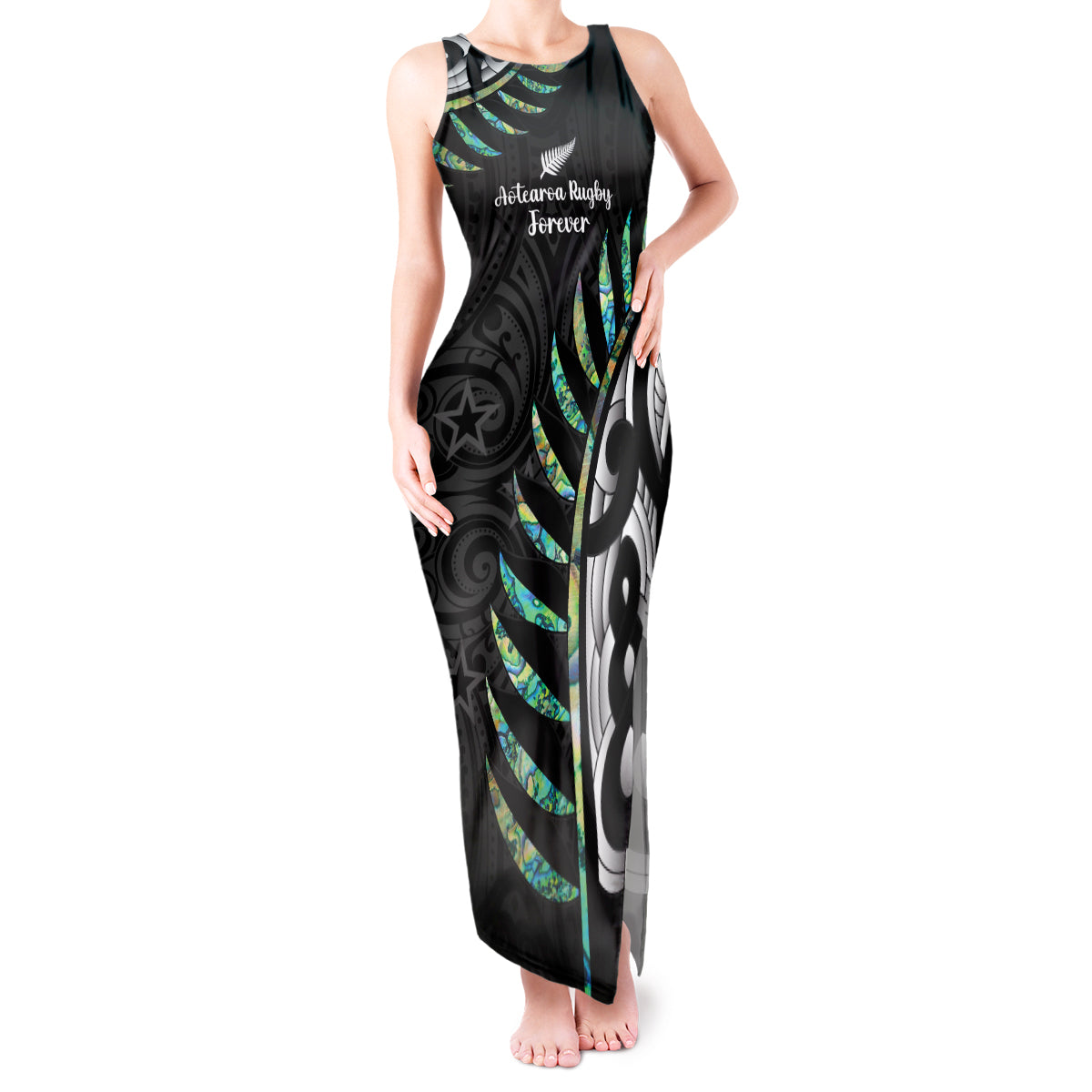 Personalised New Zealand Silver Fern Rugby Tank Maxi Dress Paua Shell With Champions Trophy History NZ Forever - Wonder Print Shop