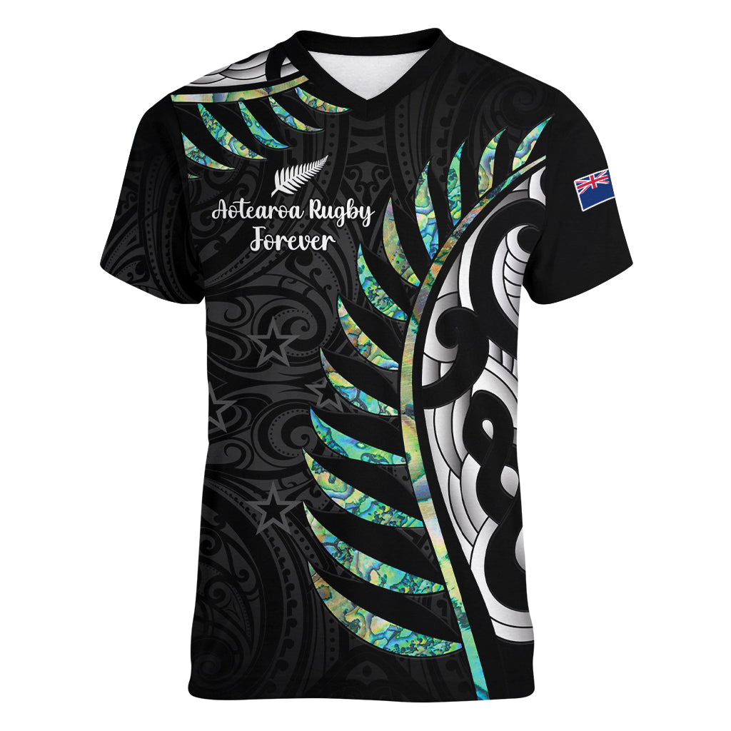 Personalised New Zealand Silver Fern Rugby Women V Neck T Shirt Paua Shell With Champions Trophy History NZ Forever - Wonder Print Shop