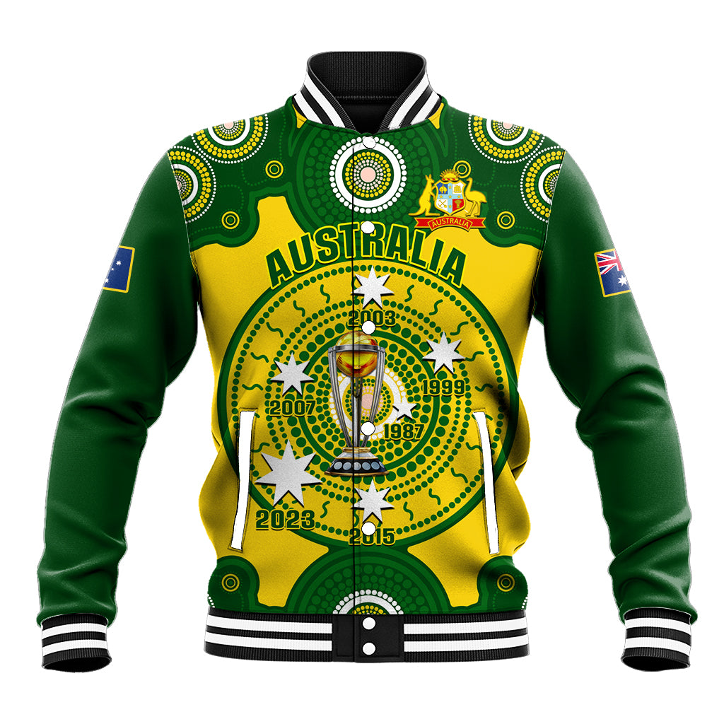 Green and yellow baseball jacket with Australia trophy emblem and striped ribbed collar