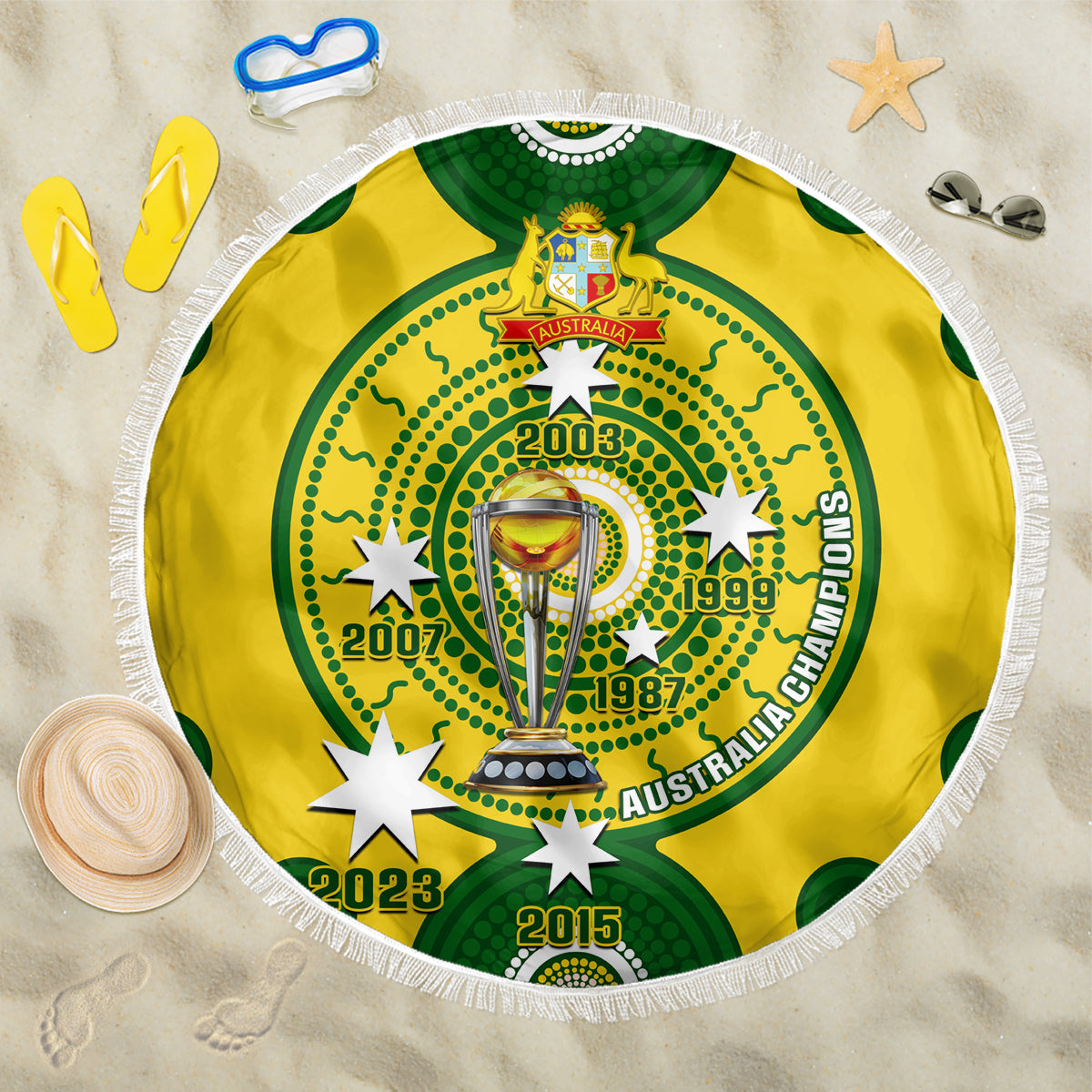 Round beach blanket with Australia cricket trophy emblem, green/yellow design and white fringe