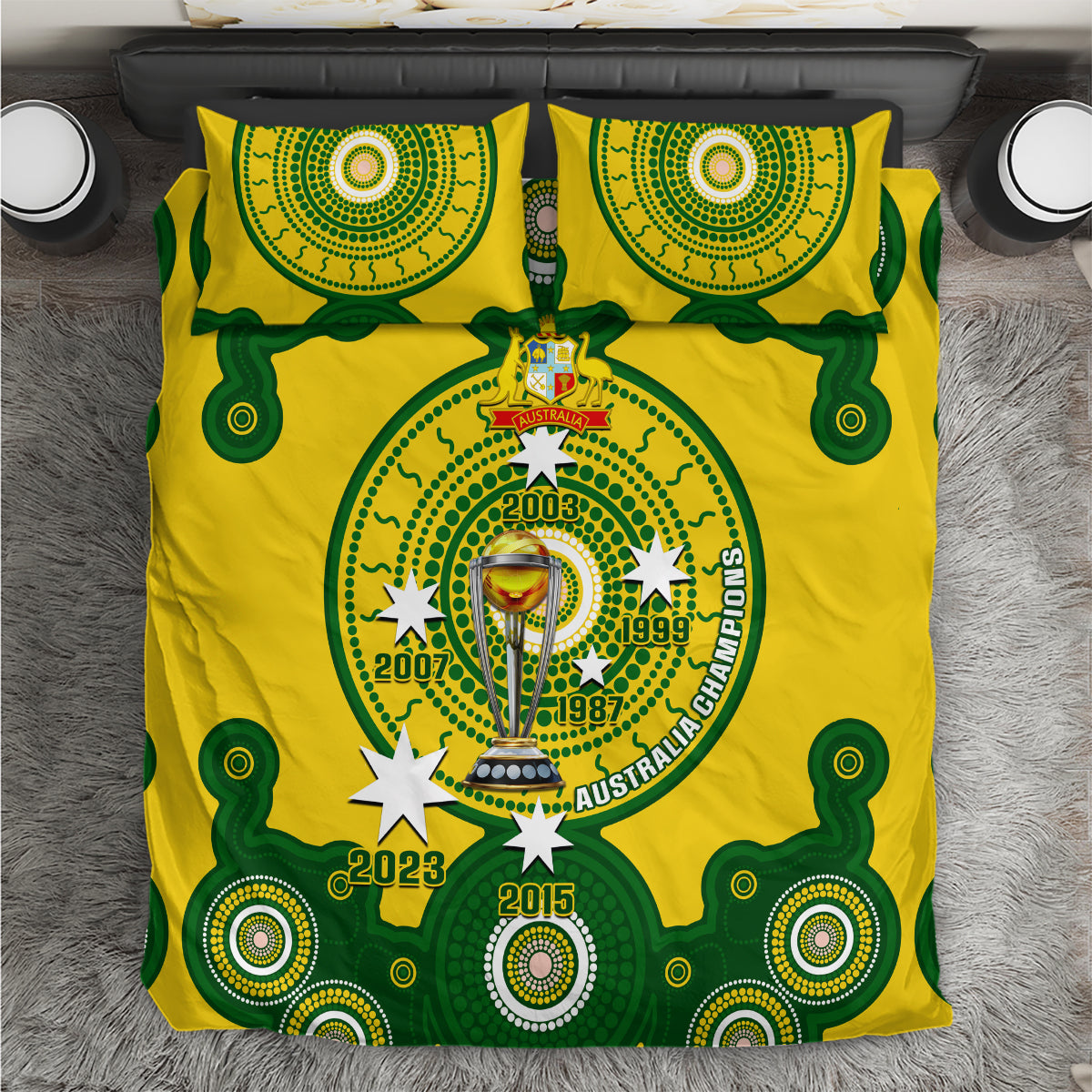 Cricket-themed bedding set with yellow and green duvet cover, trophy and circular emblem artwork