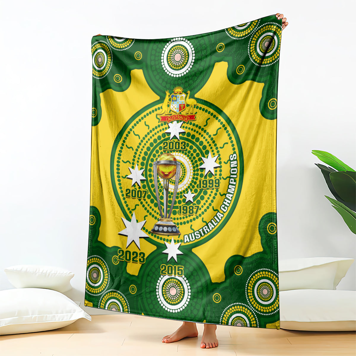 Australia cricket blanket in green and gold with trophy emblem and patterned circles