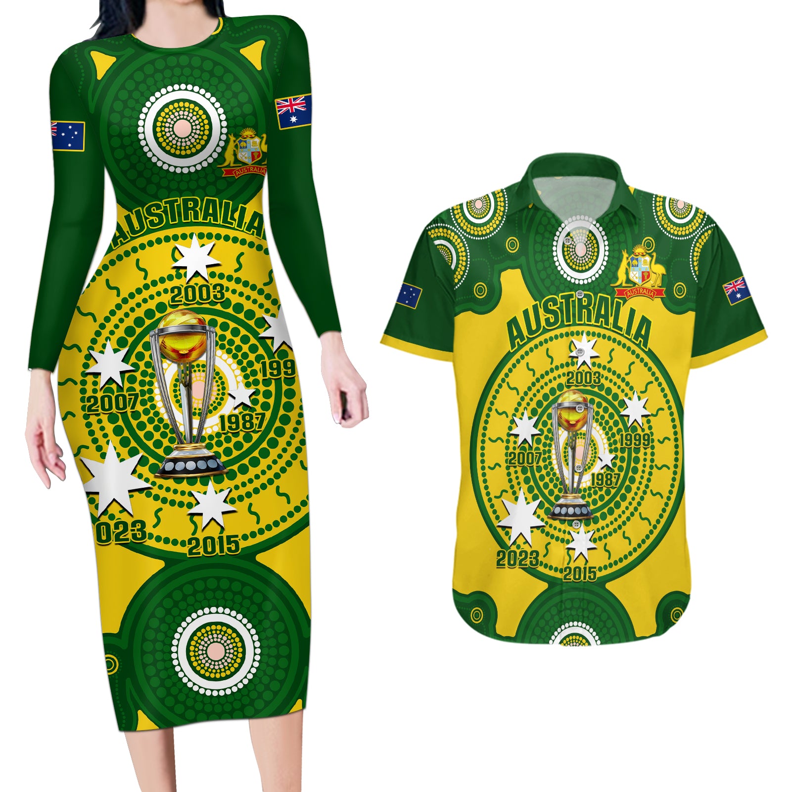 Australia Cricket Couples Matching Long Sleeve Bodycon Dress and Hawaiian Shirt 2023 World Cup 6th Champions Trophy National Color - Wonder Print Shop