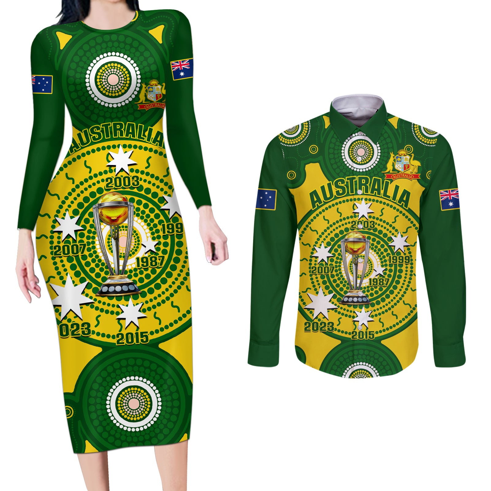 Australia Cricket Couples Matching Long Sleeve Bodycon Dress and Long Sleeve Button Shirt 2023 World Cup 6th Champions Trophy National Color - Wonder Print Shop