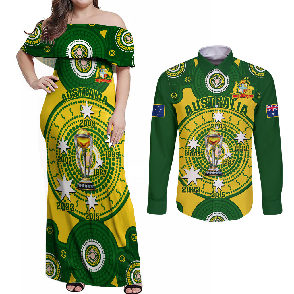 Australia Cricket Couples Matching Off Shoulder Maxi Dress and Long Sleeve Button Shirt 2023 World Cup 6th Champions Trophy National Color - Wonder Print Shop