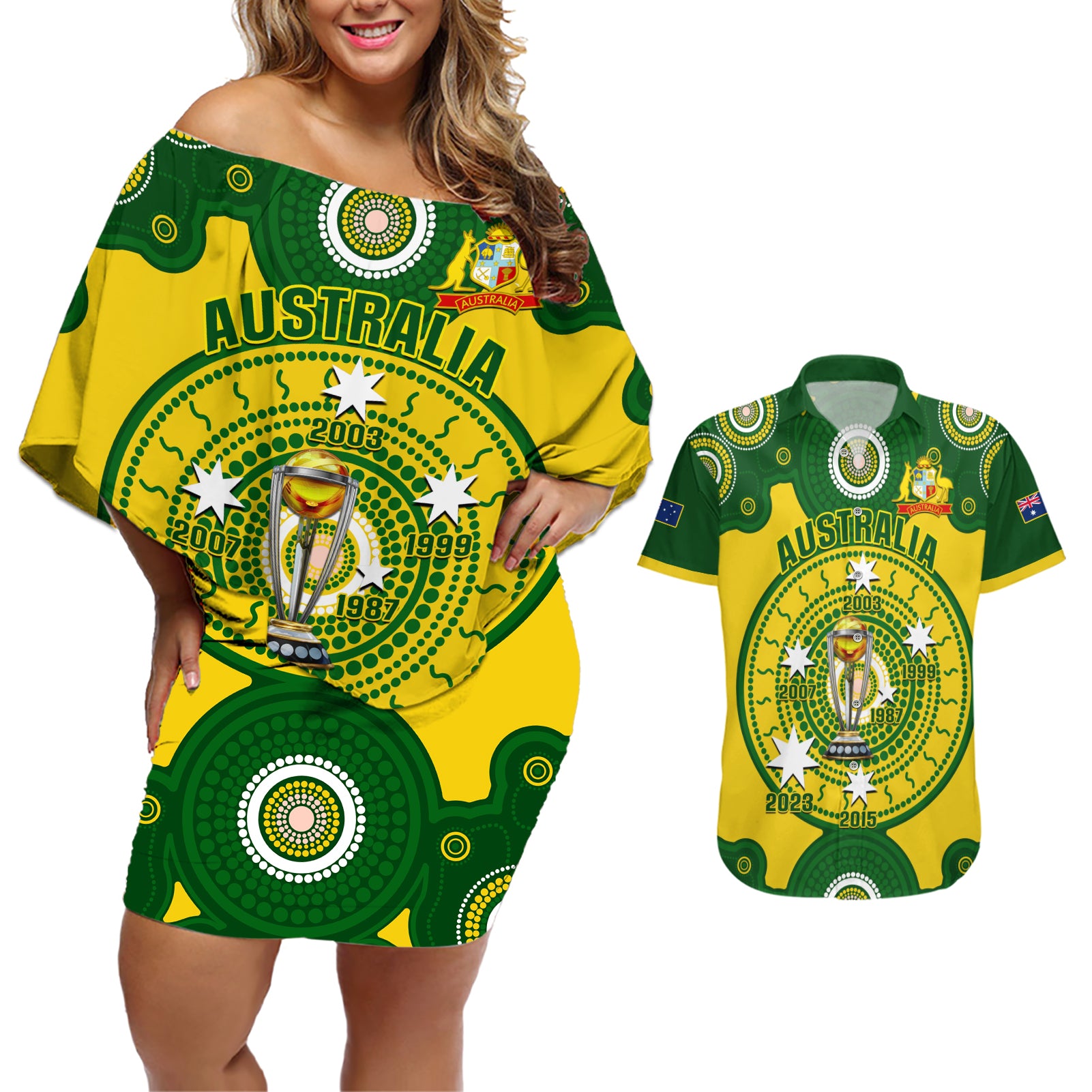 Australia Cricket Couples Matching Off Shoulder Short Dress and Hawaiian Shirt 2023 World Cup 6th Champions Trophy National Color - Wonder Print Shop