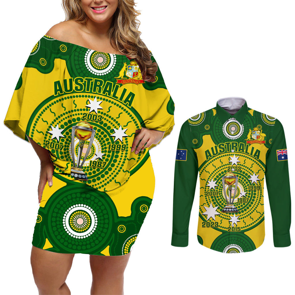 Australia Cricket Couples Matching Off Shoulder Short Dress and Long Sleeve Button Shirt 2023 World Cup 6th Champions Trophy National Color - Wonder Print Shop