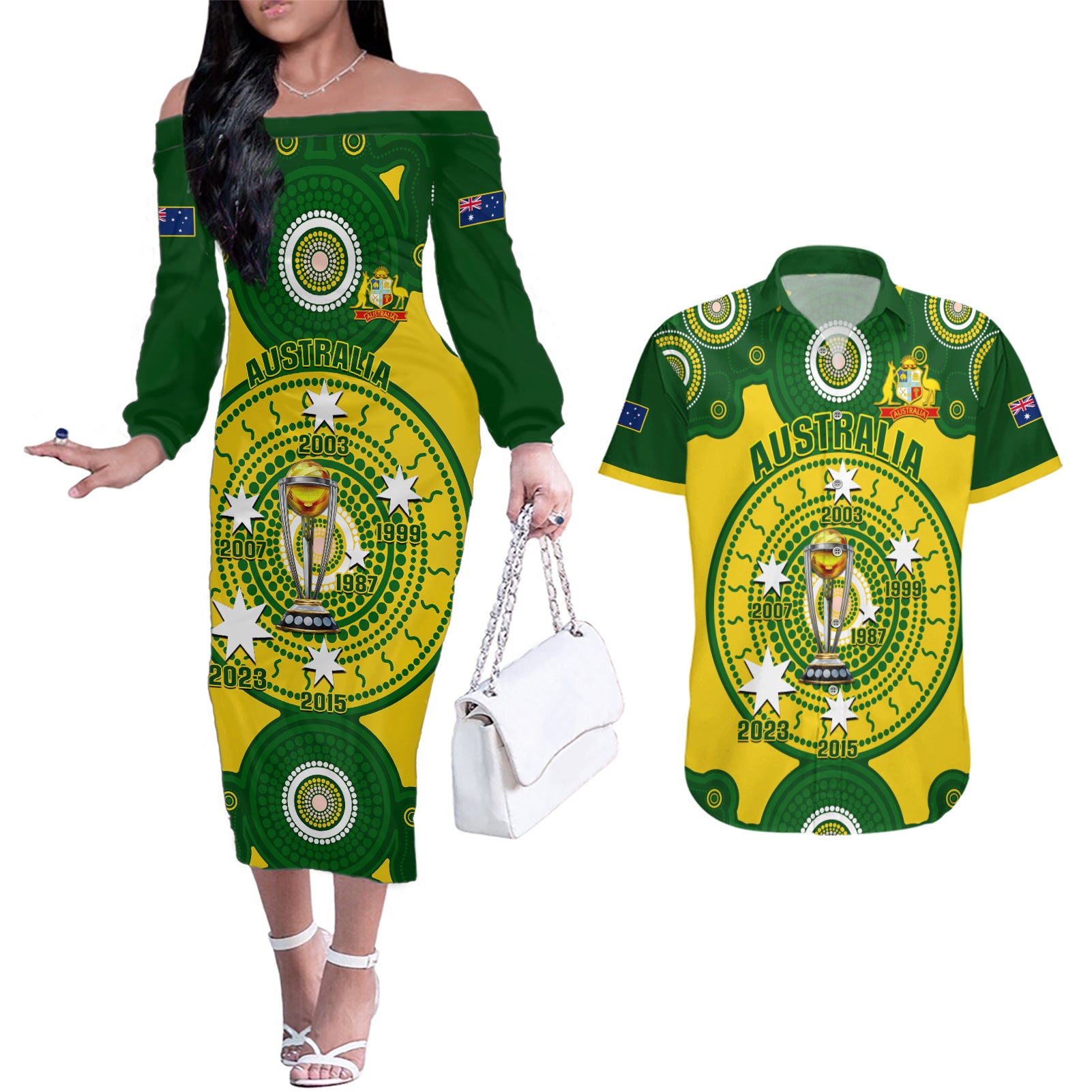 Australia Cricket Couples Matching Off The Shoulder Long Sleeve Dress and Hawaiian Shirt 2023 World Cup 6th Champions Trophy National Color - Wonder Print Shop