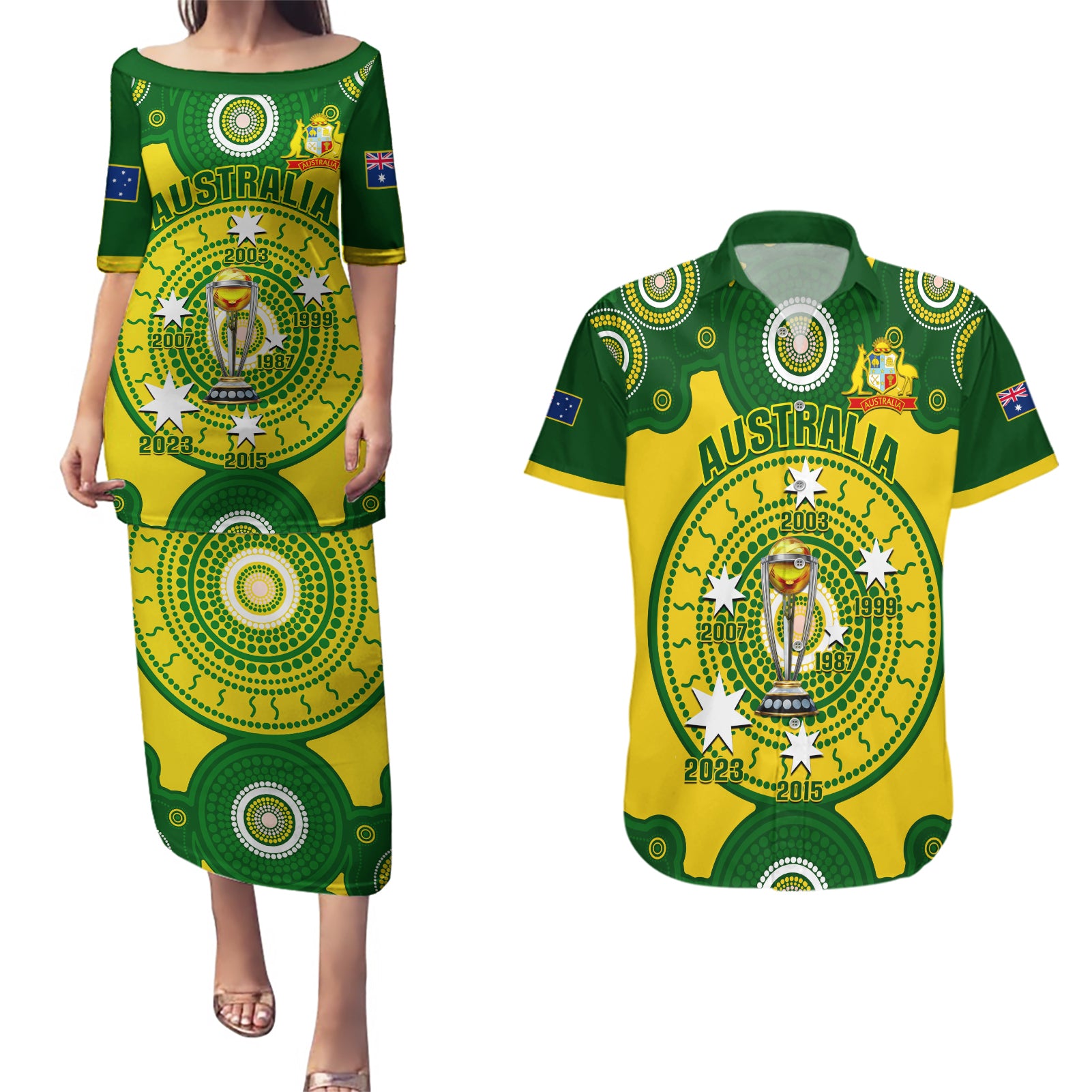 Australia Cricket Couples Matching Puletasi Dress and Hawaiian Shirt 2023 World Cup 6th Champions Trophy National Color - Wonder Print Shop