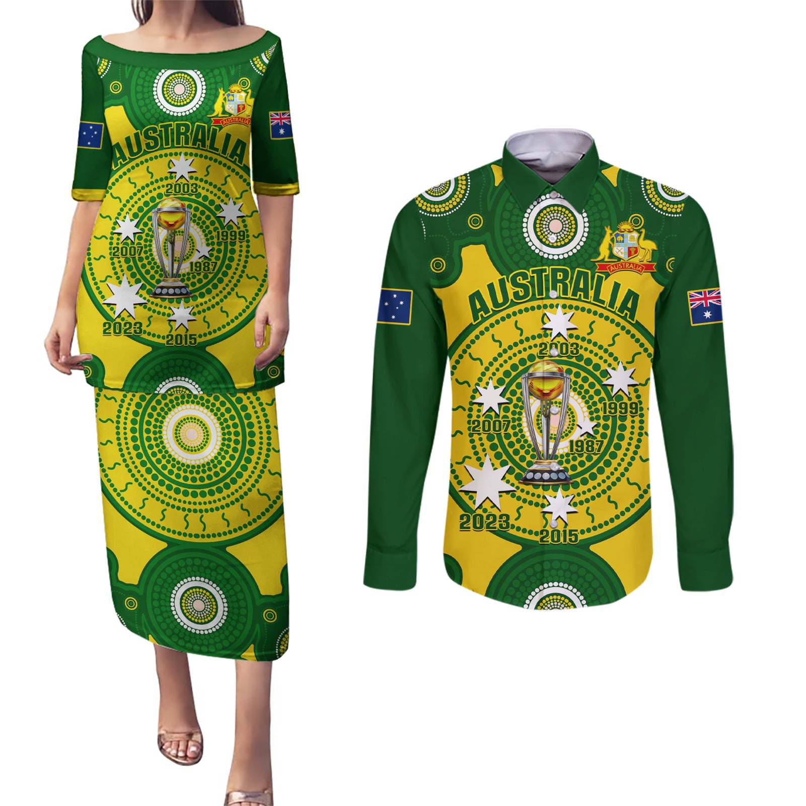 Australia Cricket Couples Matching Puletasi Dress and Long Sleeve Button Shirt 2023 World Cup 6th Champions Trophy National Color - Wonder Print Shop