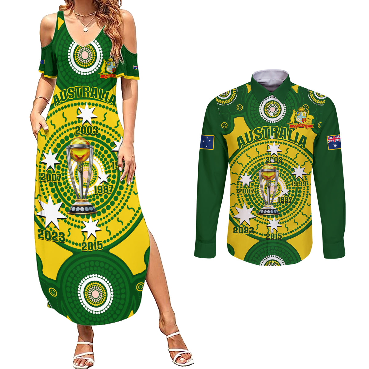 Australia Cricket Couples Matching Summer Maxi Dress and Long Sleeve Button Shirt 2023 World Cup 6th Champions Trophy National Color - Wonder Print Shop