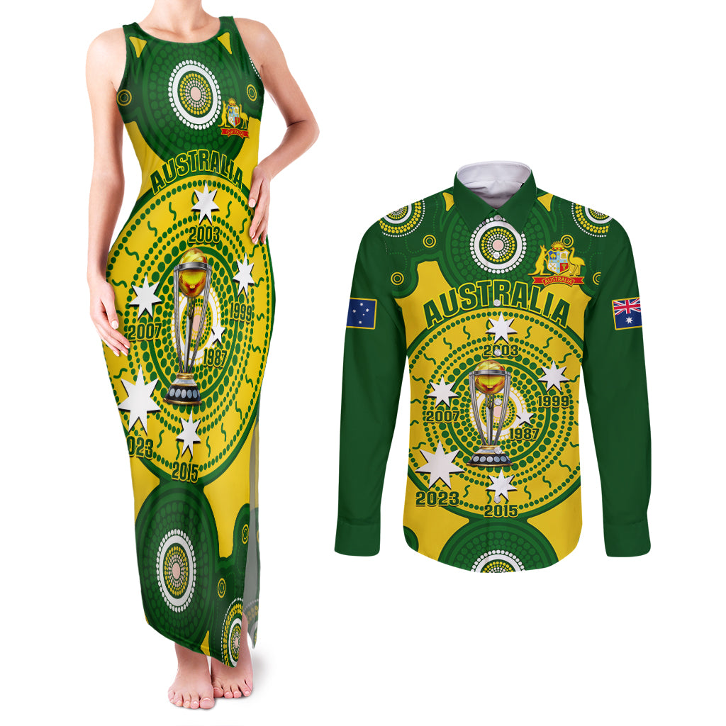 Australia Cricket Couples Matching Tank Maxi Dress and Long Sleeve Button Shirt 2023 World Cup 6th Champions Trophy National Color - Wonder Print Shop