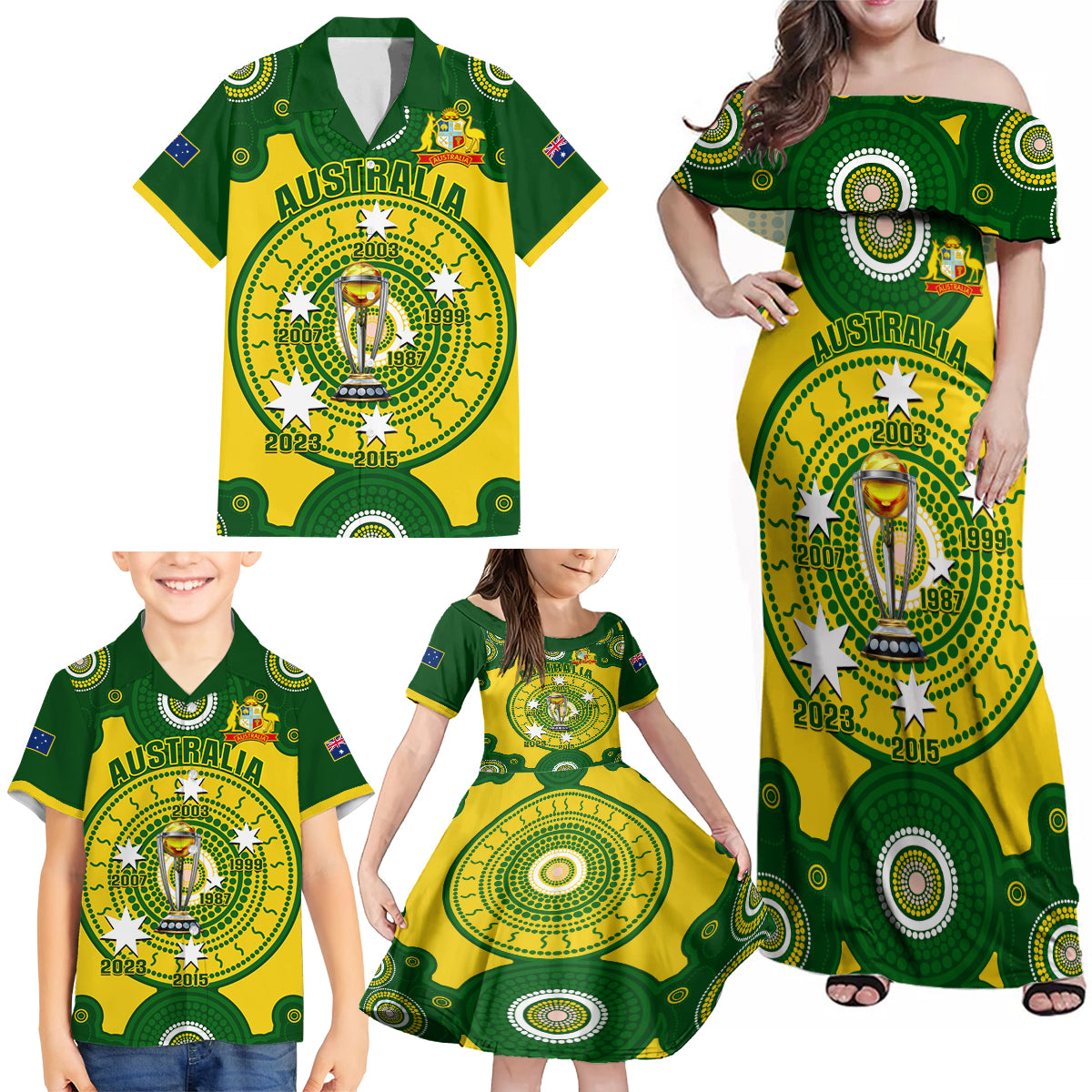 Australia Cricket Family Matching Off Shoulder Maxi Dress and Hawaiian Shirt 2023 World Cup 6th Champions Trophy National Color - Wonder Print Shop