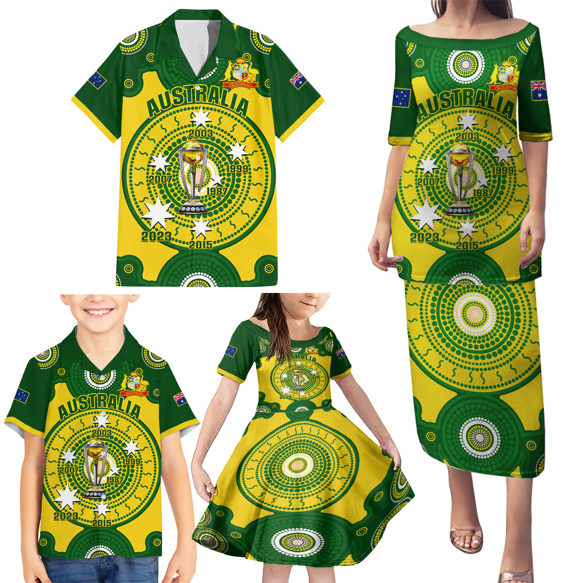 Australia Cricket Family Matching Puletasi Dress and Hawaiian Shirt 2023 World Cup 6th Champions Trophy National Color - Wonder Print Shop