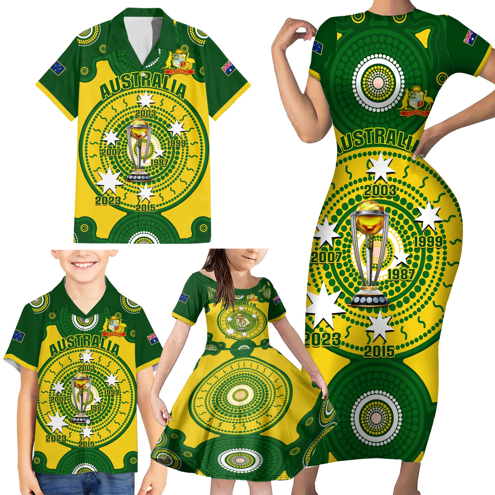 Australia Cricket Family Matching Short Sleeve Bodycon Dress and Hawaiian Shirt 2023 World Cup 6th Champions Trophy National Color - Wonder Print Shop