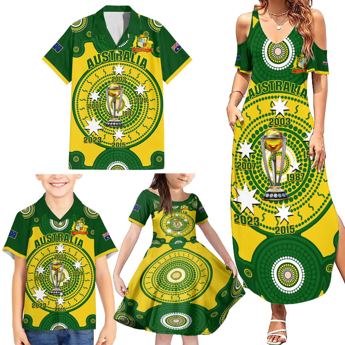 Australia Cricket Family Matching Summer Maxi Dress and Hawaiian Shirt 2023 World Cup 6th Champions Trophy National Color - Wonder Print Shop