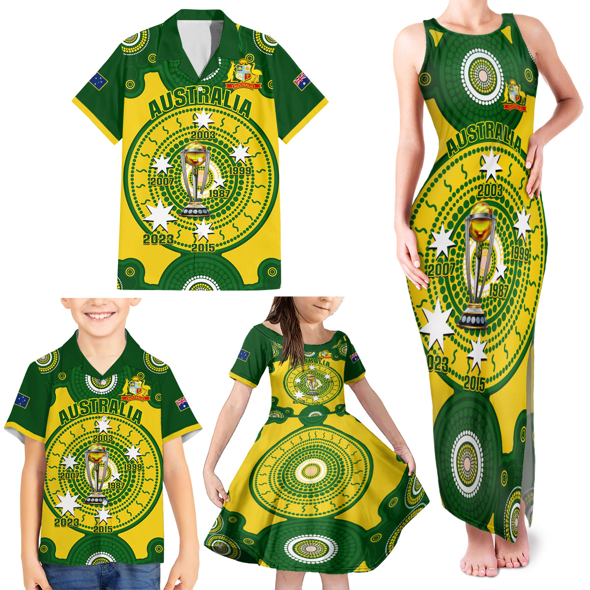 Australia Cricket Family Matching Tank Maxi Dress and Hawaiian Shirt 2023 World Cup 6th Champions Trophy National Color - Wonder Print Shop