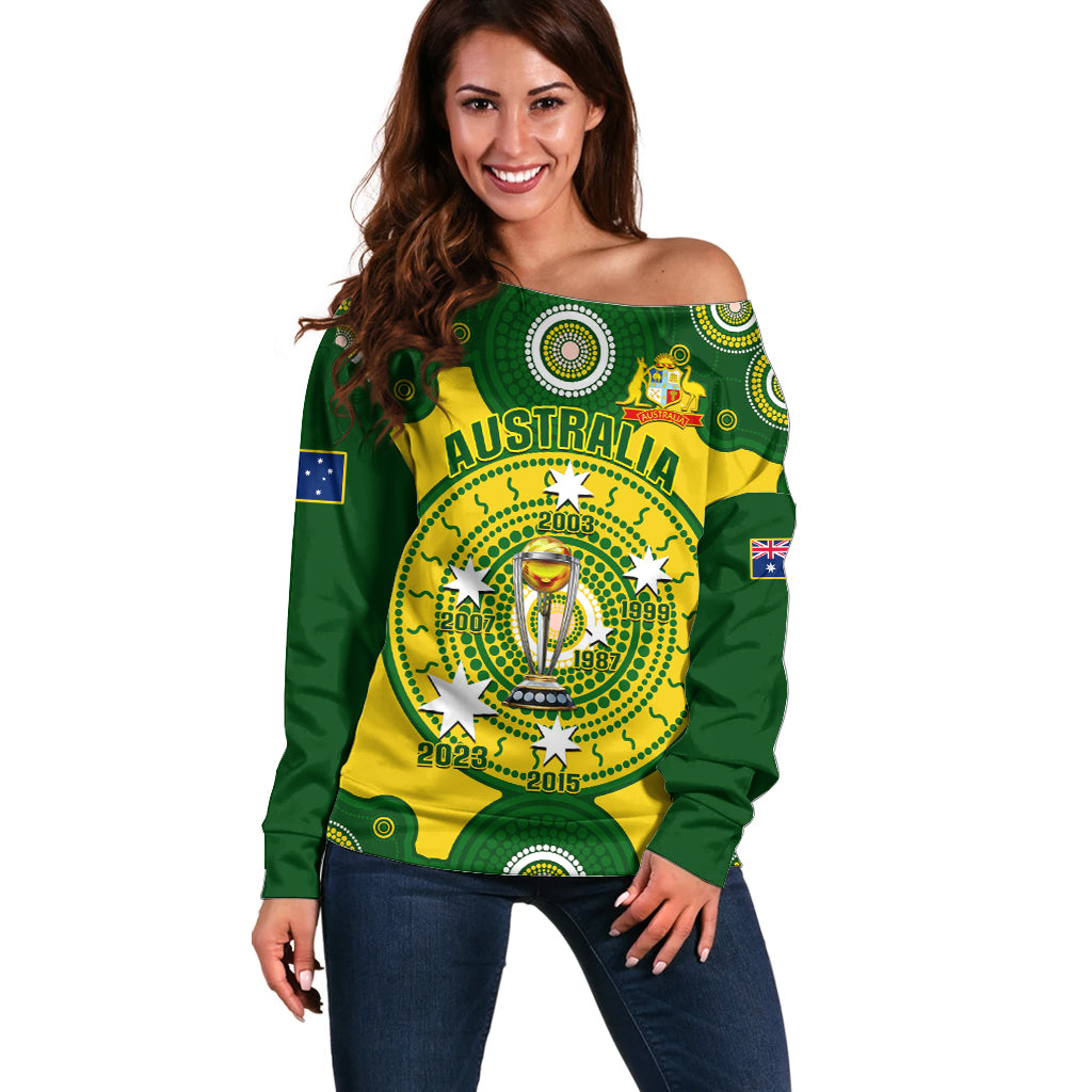 Australia Cricket Off Shoulder Sweater 2023 World Cup 6th Champions Trophy National Color - Wonder Print Shop