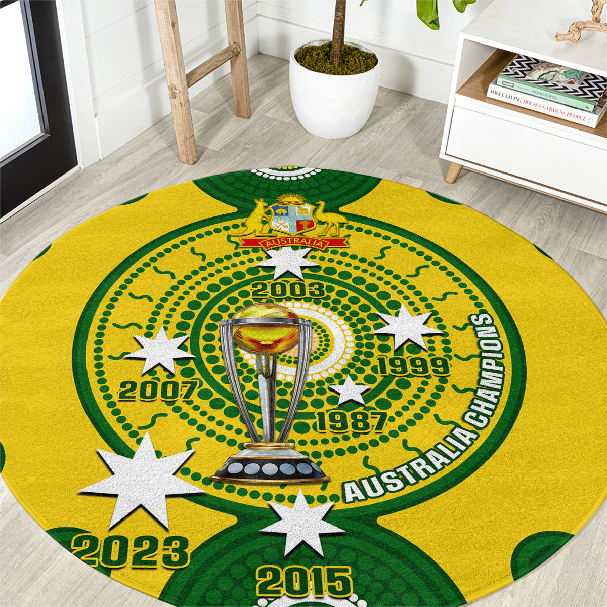 Round Australia cricket carpet with green and yellow graphic, trophy and 2023 emblem