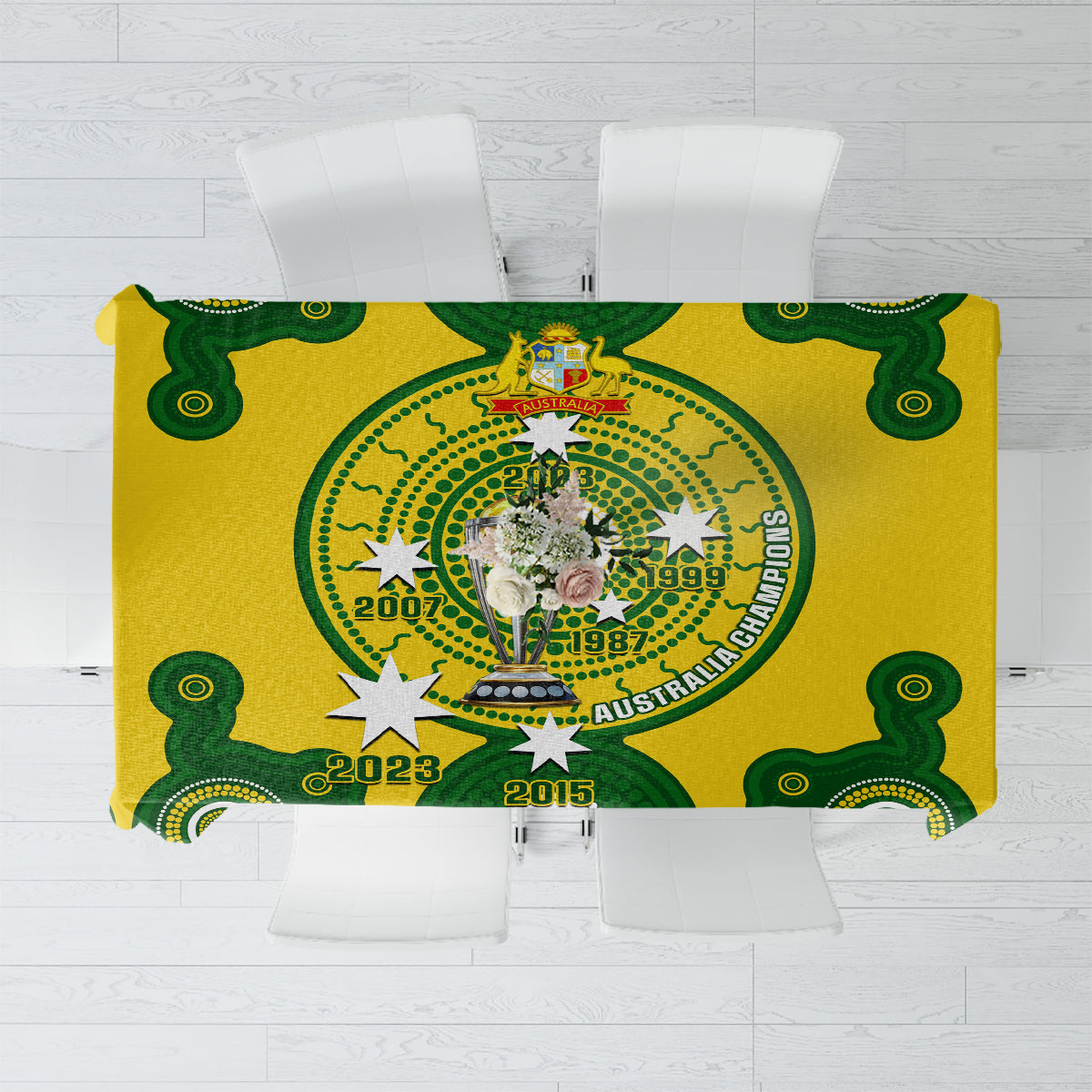 Australia cricket tablecloth in green and yellow with circular emblem print
