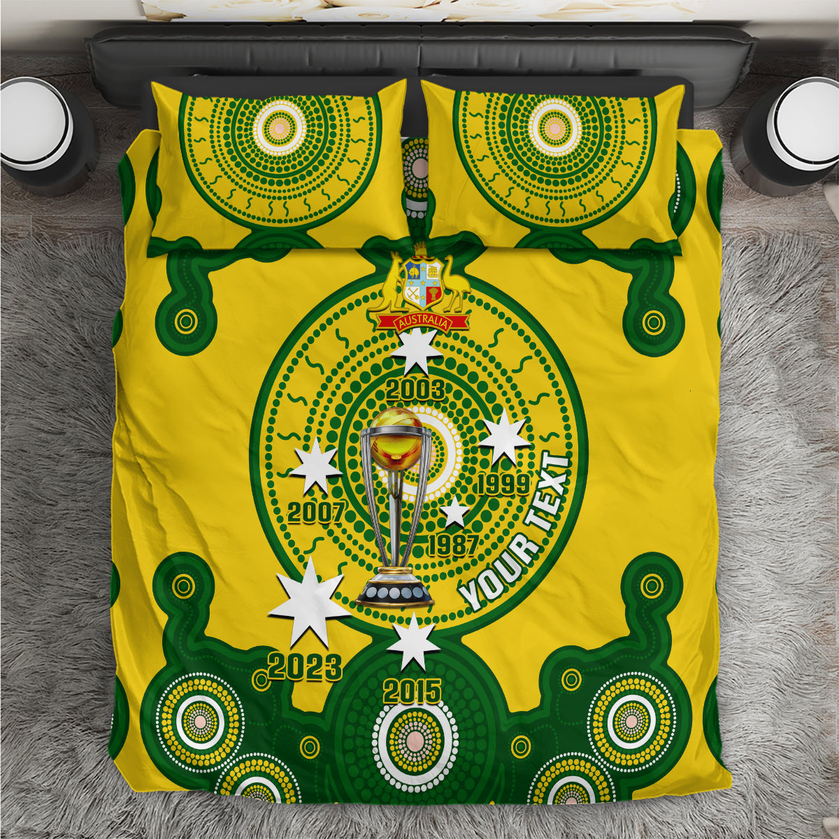 Yellow and green cricket bedding set with trophy emblem, two matching pillow covers.