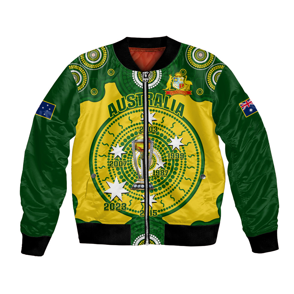 Green and yellow Australia cricket bomber jacket with full-zip, ribbed collar, and emblem