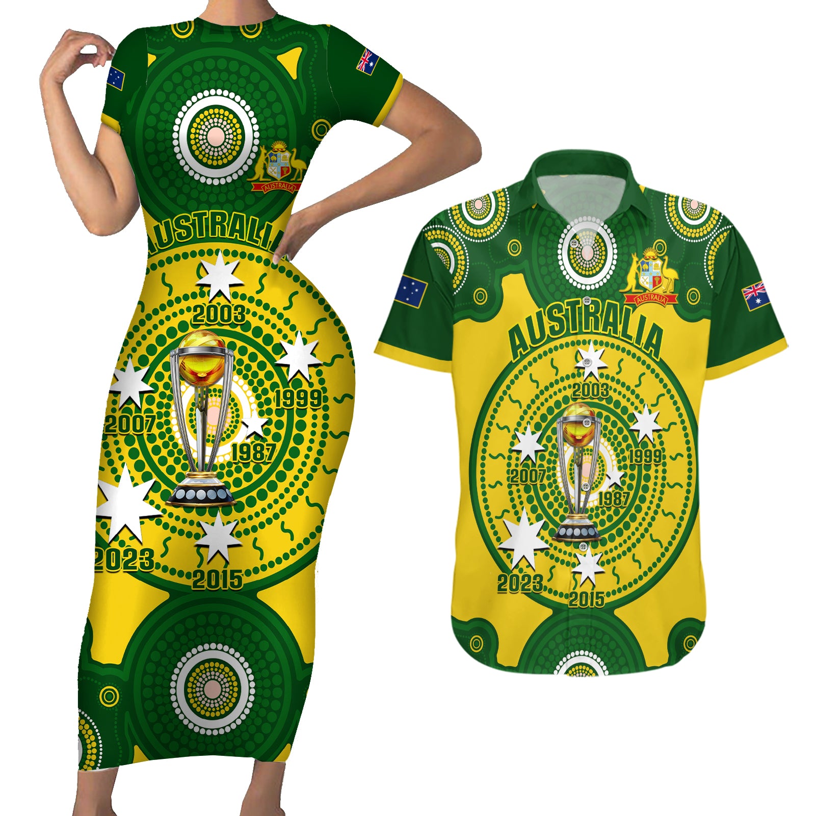 Personalised Australia Cricket Couples Matching Short Sleeve Bodycon Dress and Hawaiian Shirt 2023 World Cup 6th Champions Trophy National Color - Wonder Print Shop