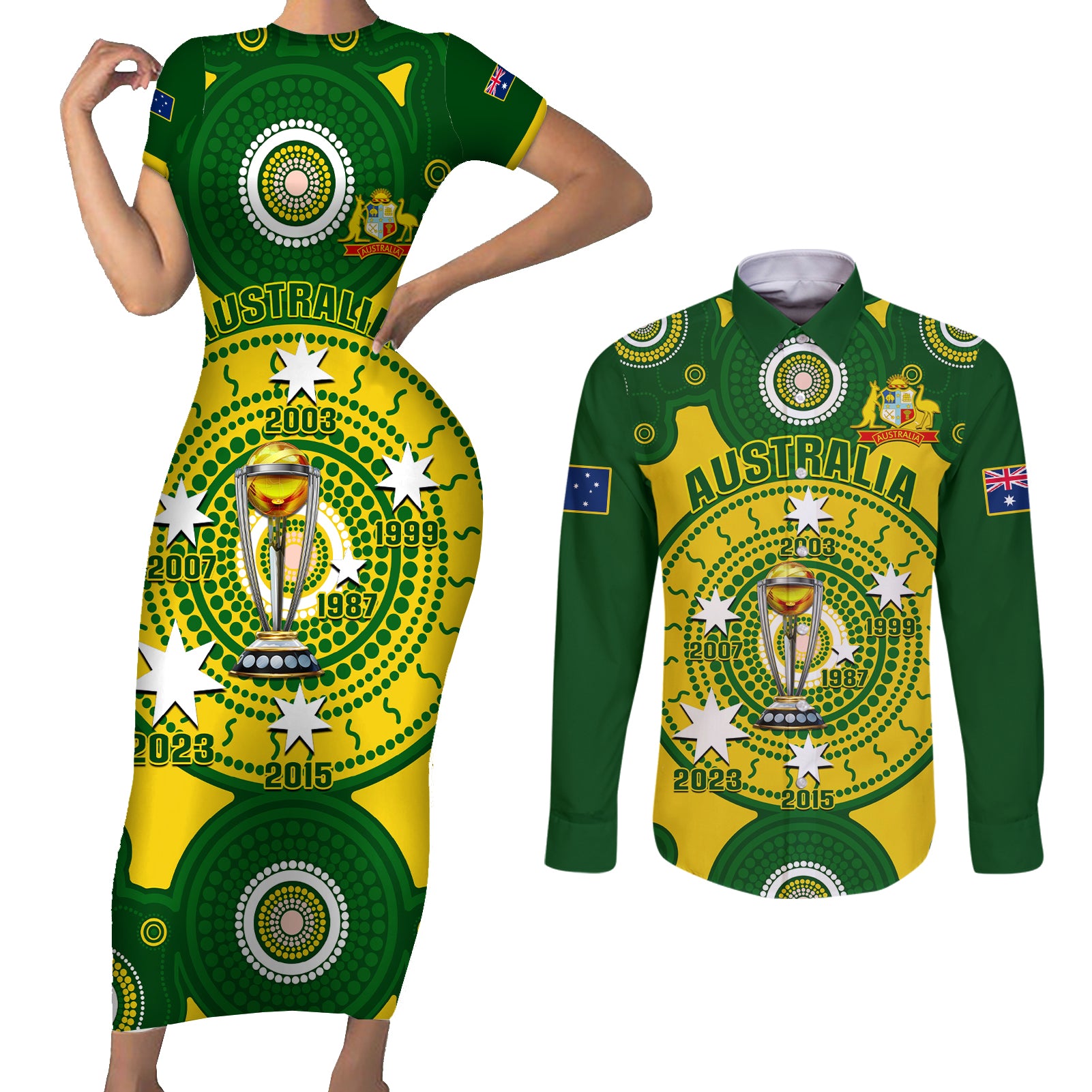 Personalised Australia Cricket Couples Matching Short Sleeve Bodycon Dress and Long Sleeve Button Shirt 2023 World Cup 6th Champions Trophy National Color - Wonder Print Shop