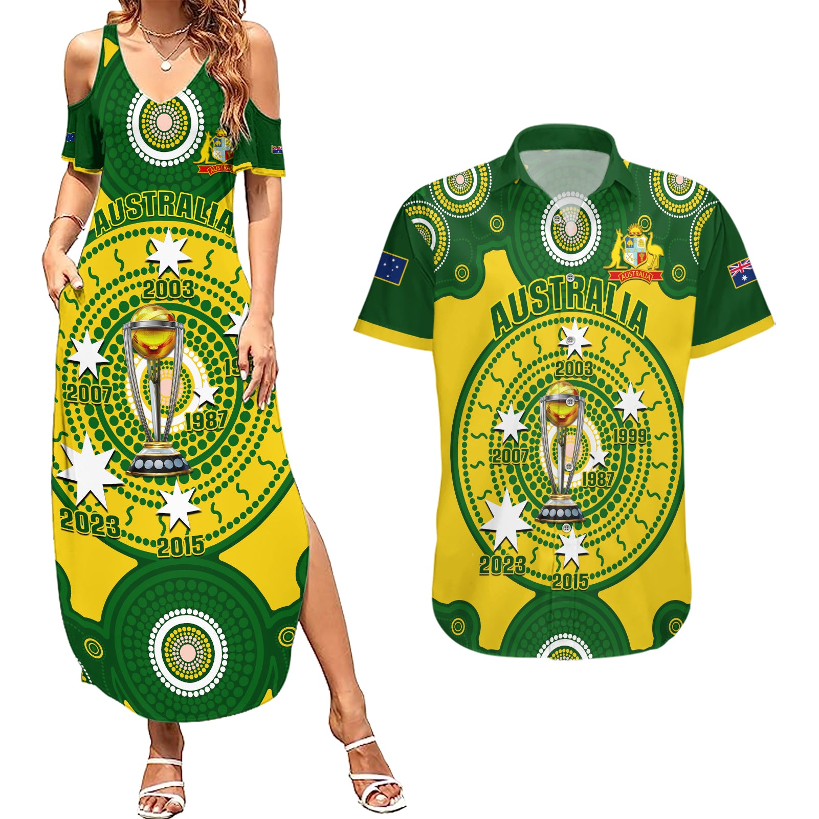 Personalised Australia Cricket Couples Matching Summer Maxi Dress and Hawaiian Shirt 2023 World Cup 6th Champions Trophy National Color - Wonder Print Shop