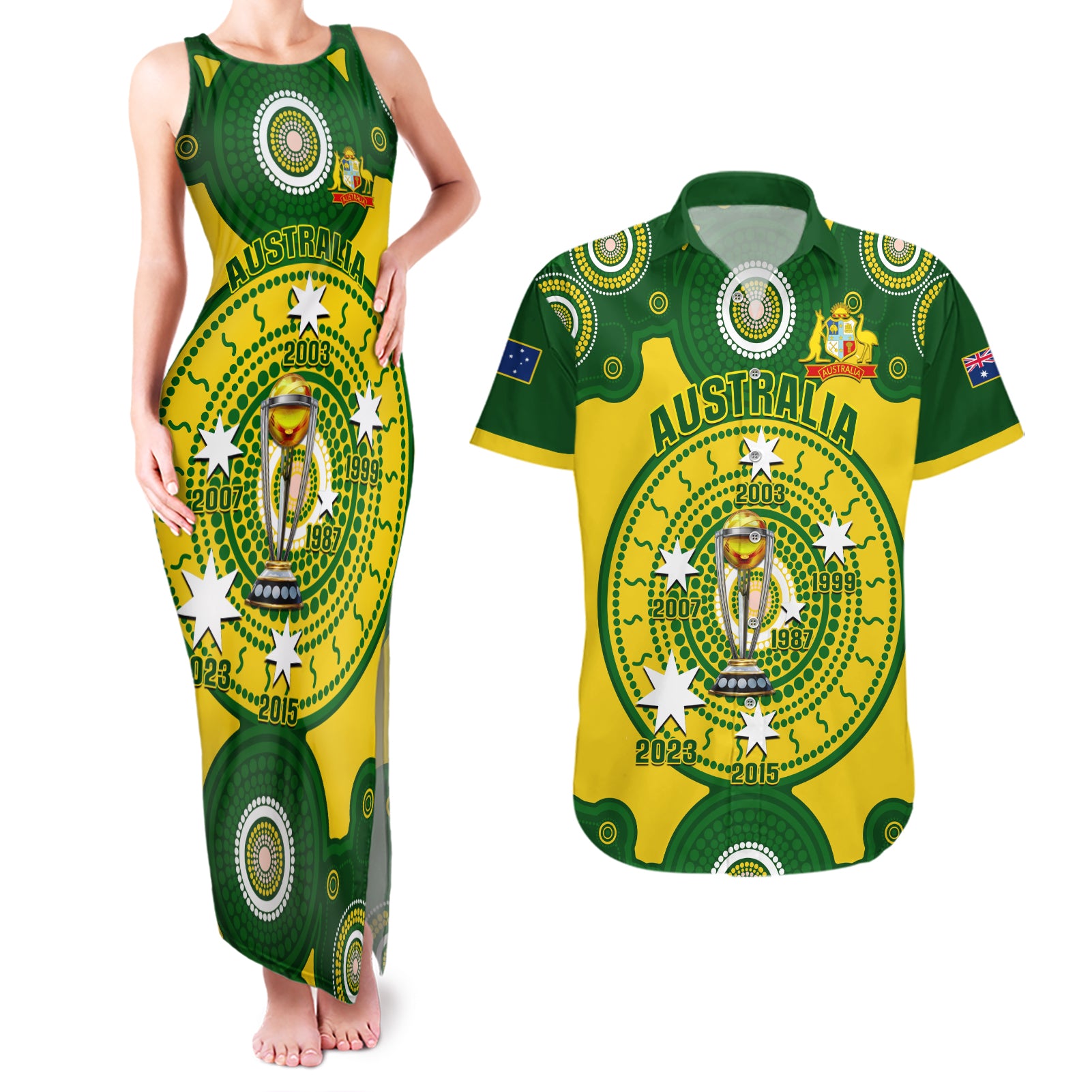 Personalised Australia Cricket Couples Matching Tank Maxi Dress and Hawaiian Shirt 2023 World Cup 6th Champions Trophy National Color - Wonder Print Shop