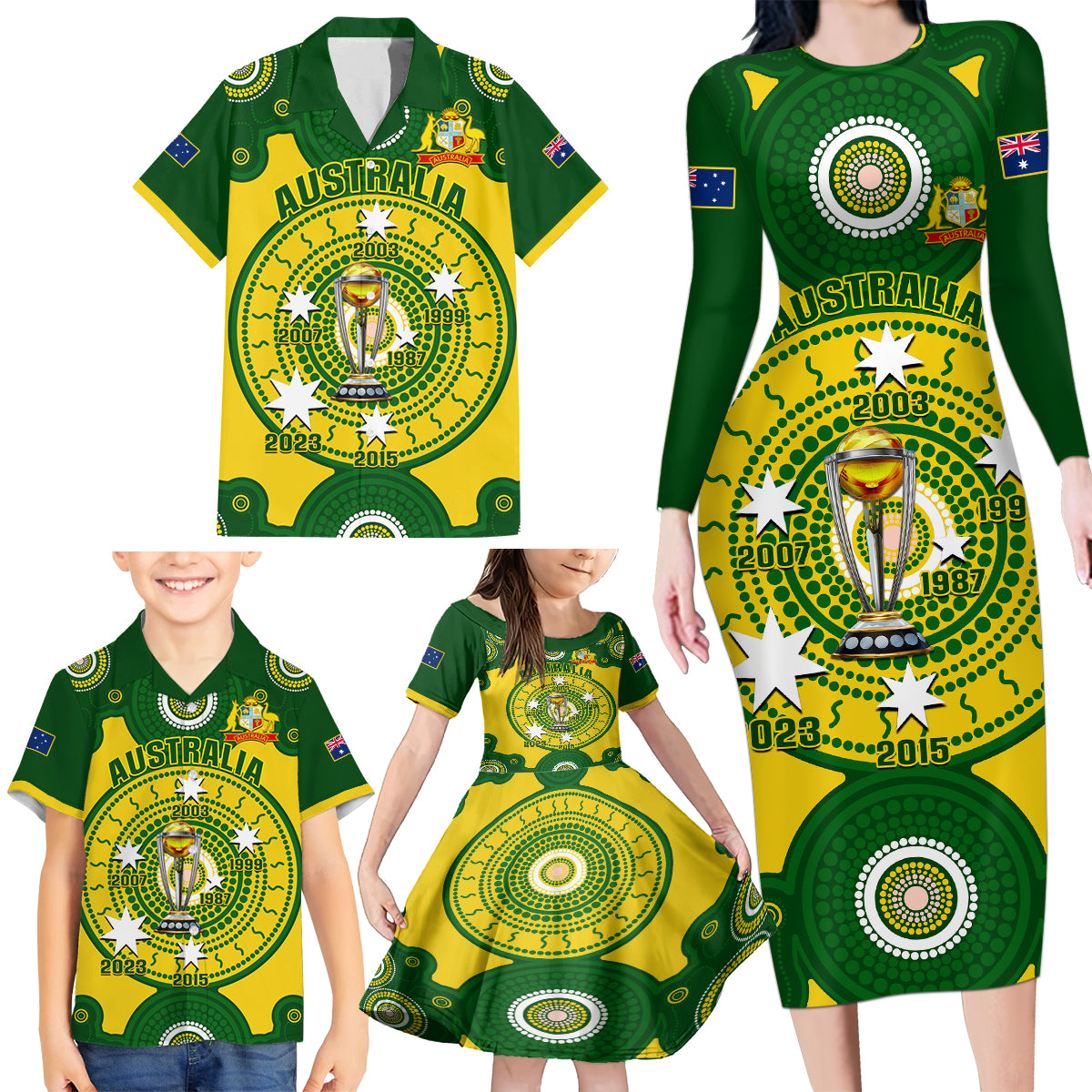 Personalised Australia Cricket Family Matching Long Sleeve Bodycon Dress and Hawaiian Shirt 2023 World Cup 6th Champions Trophy National Color - Wonder Print Shop