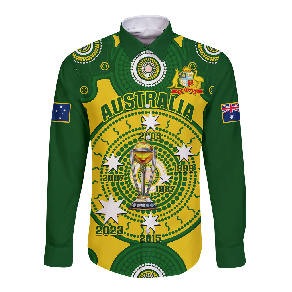 Green long-sleeve button cricket shirt with Australia trophy and flag patches