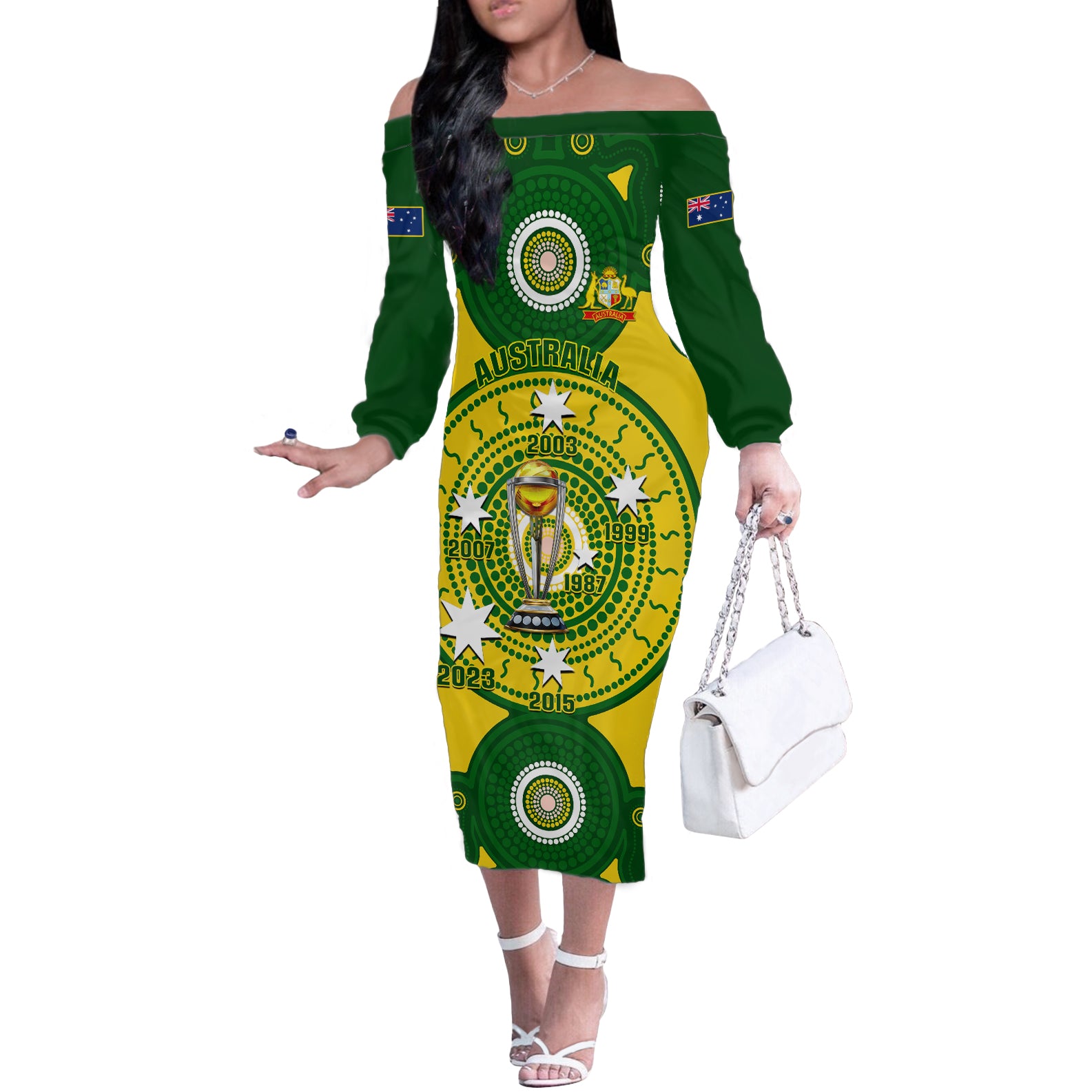 Personalised Australia Cricket Off The Shoulder Long Sleeve Dress 2023 World Cup 6th Champions Trophy National Color - Wonder Print Shop