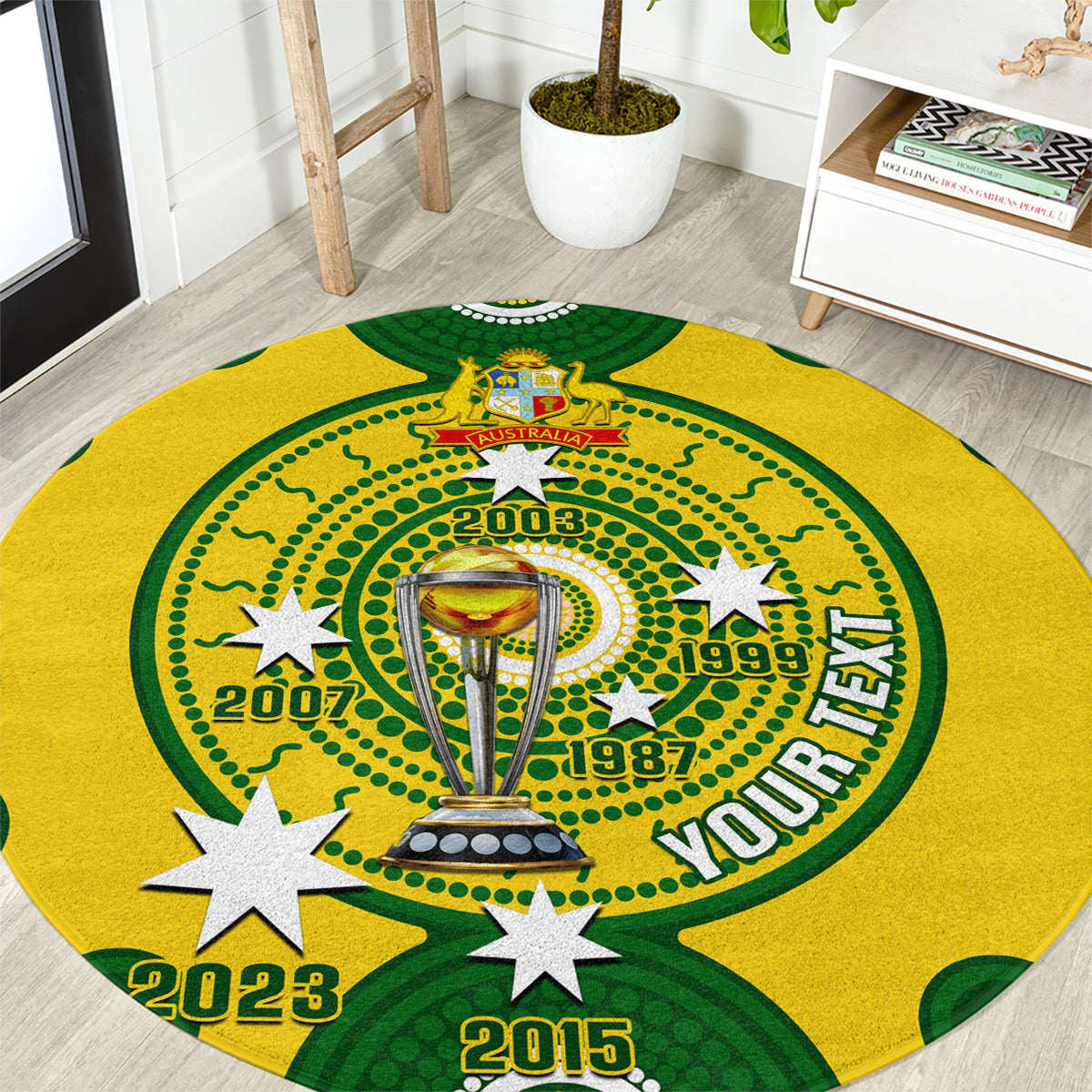 Round Australia cricket themed carpet in yellow and green with trophy and star graphic