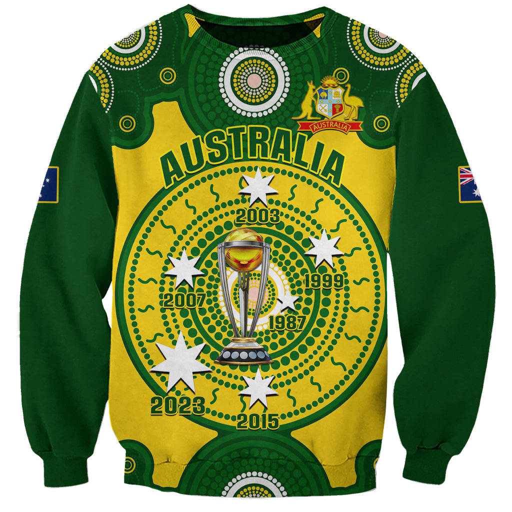 Green and yellow Australia cricket sweatshirt with large circular trophy graphic and crest