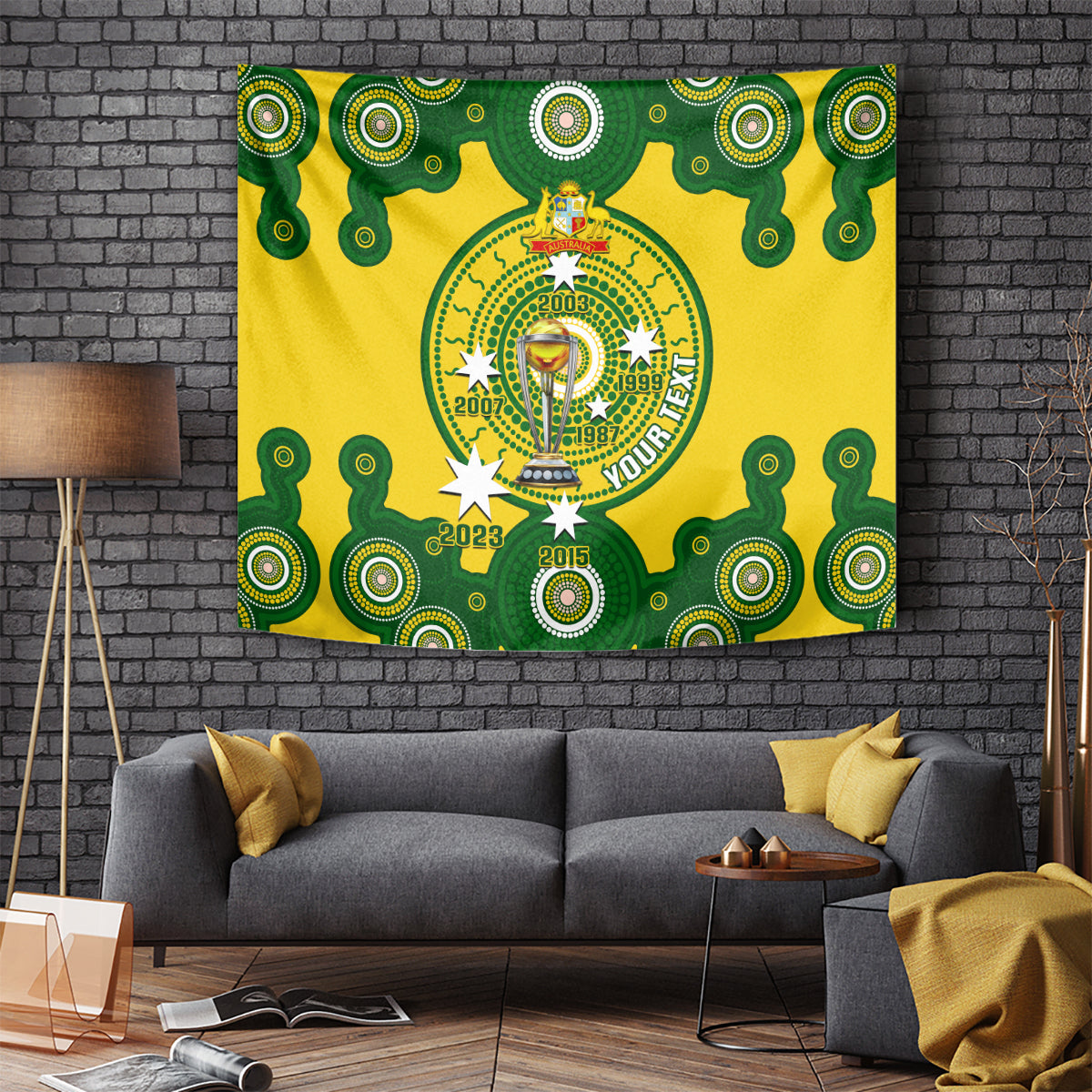 Australia cricket tapestry with central trophy emblem, green and yellow patterned background
