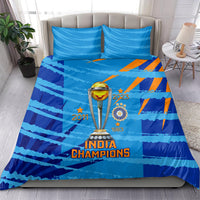 Blue bedding set featuring a central trophy and India Champions logo on the duvet.