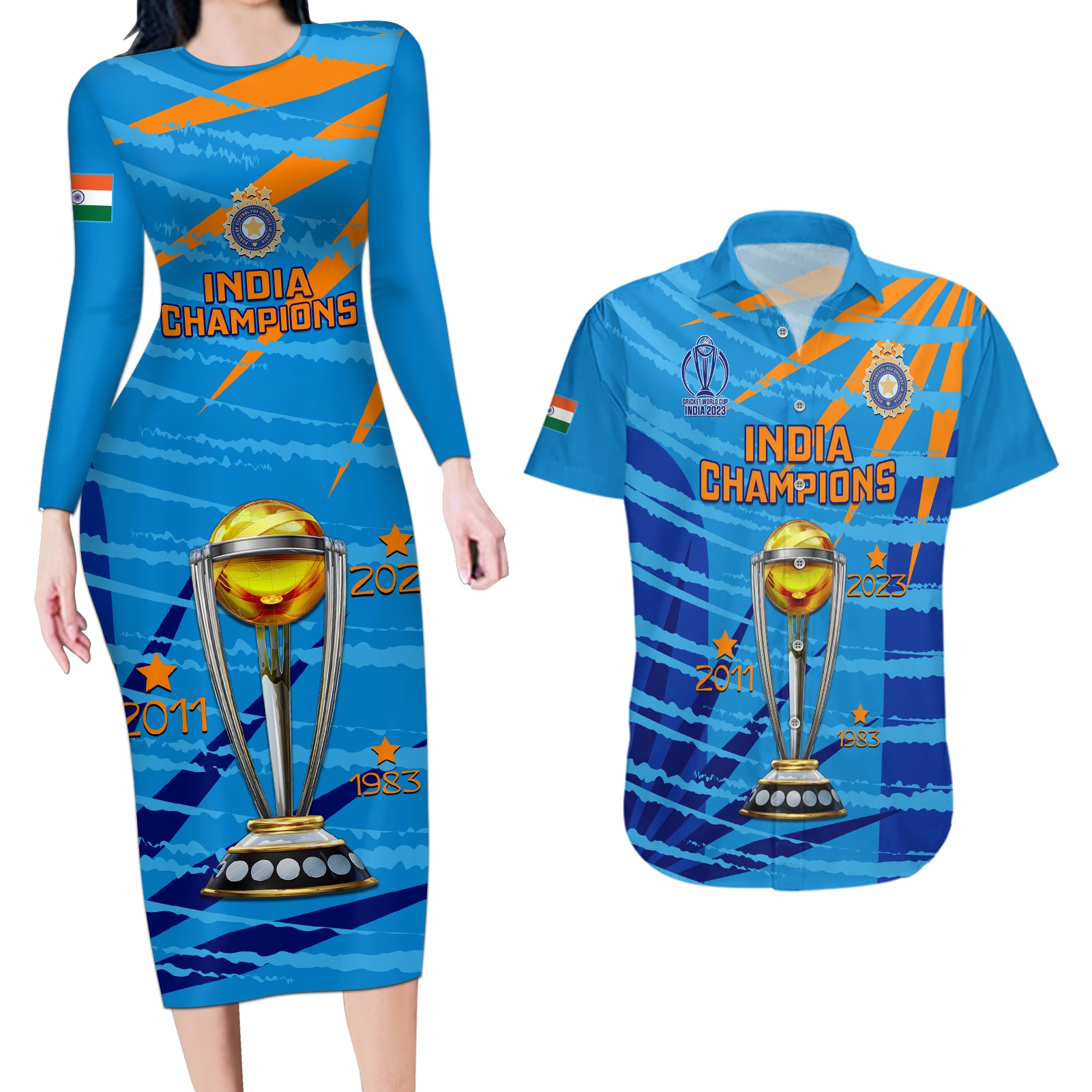 Custom India Cricket Couples Matching Long Sleeve Bodycon Dress and Hawaiian Shirt 2023 World Cup 3rd Champions Proud - Wonder Print Shop