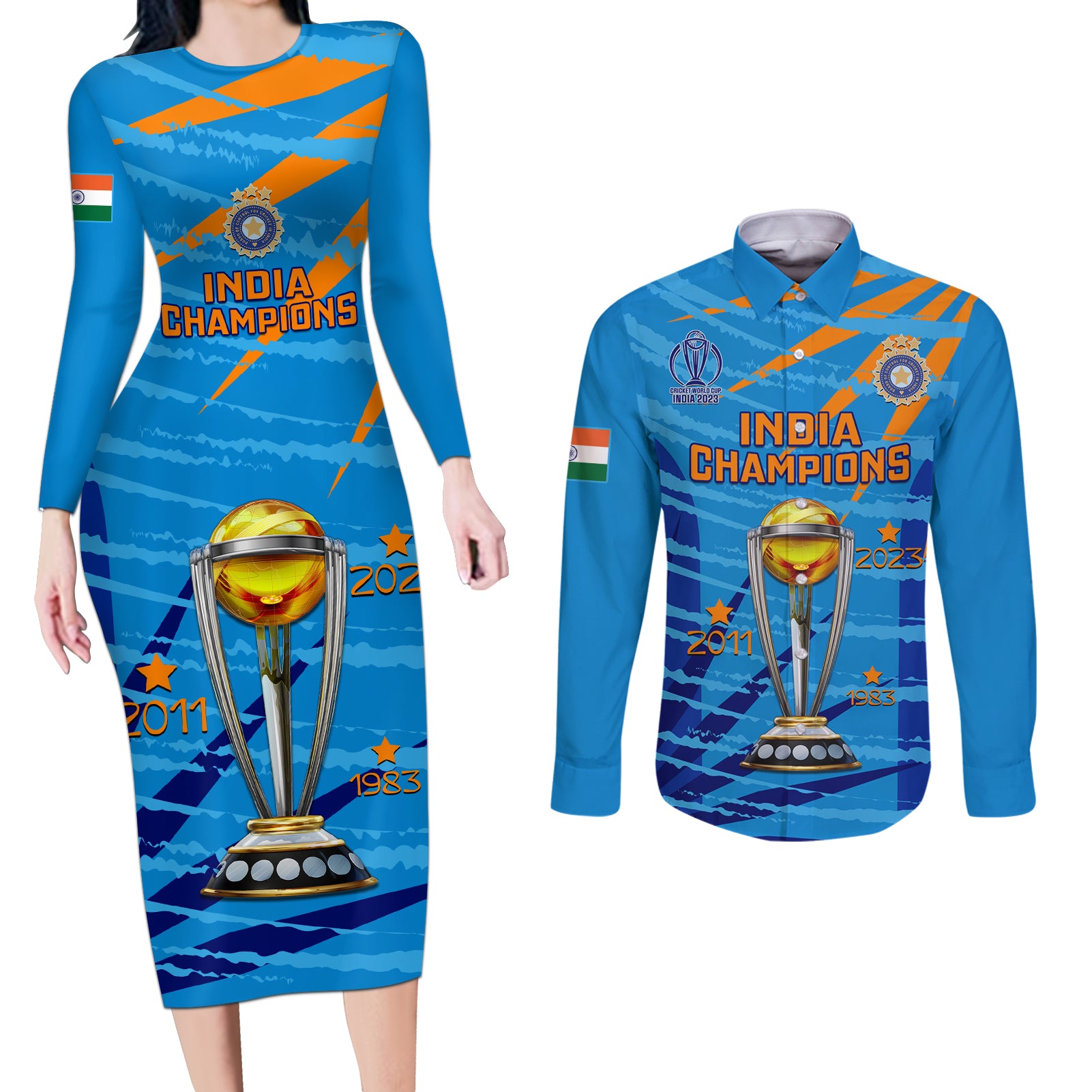 Custom India Cricket Couples Matching Long Sleeve Bodycon Dress and Long Sleeve Button Shirt 2023 World Cup 3rd Champions Proud - Wonder Print Shop