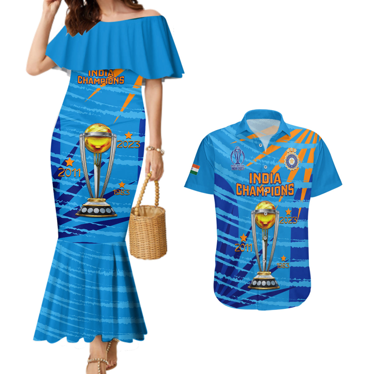 Custom India Cricket Couples Matching Mermaid Dress and Hawaiian Shirt 2023 World Cup 3rd Champions Proud - Wonder Print Shop