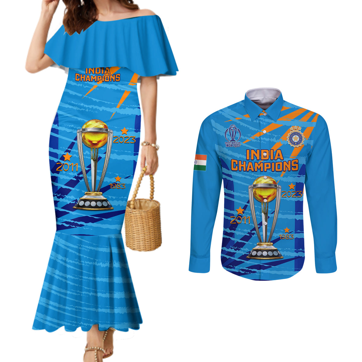 custom-india-cricket-couples-matching-mermaid-dress-and-long-sleeve-button-shirt-2023-world-cup-3rd-champions-proud